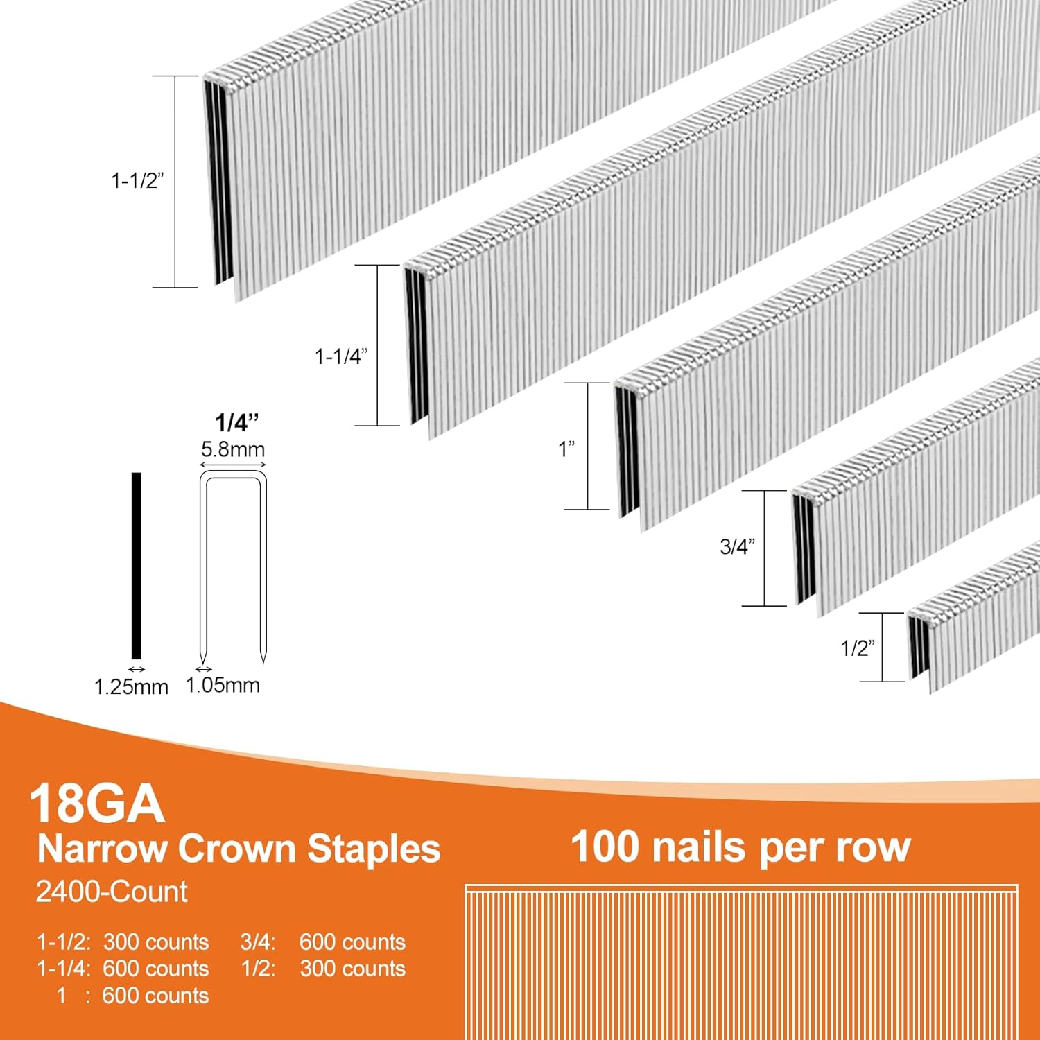 PINOZE 4200-Count 18 Gauge 1/4" Narrow Crown Staples (1-1/2" 1-1/4" 1" 3/4" 1/2") & 18GA Brad Nails (2" 1" 5/8"), Heavy Duty Galvanized Upholstery Staple for Pneumatic/Electric Stapler Gun/Brad Nailer image number 6