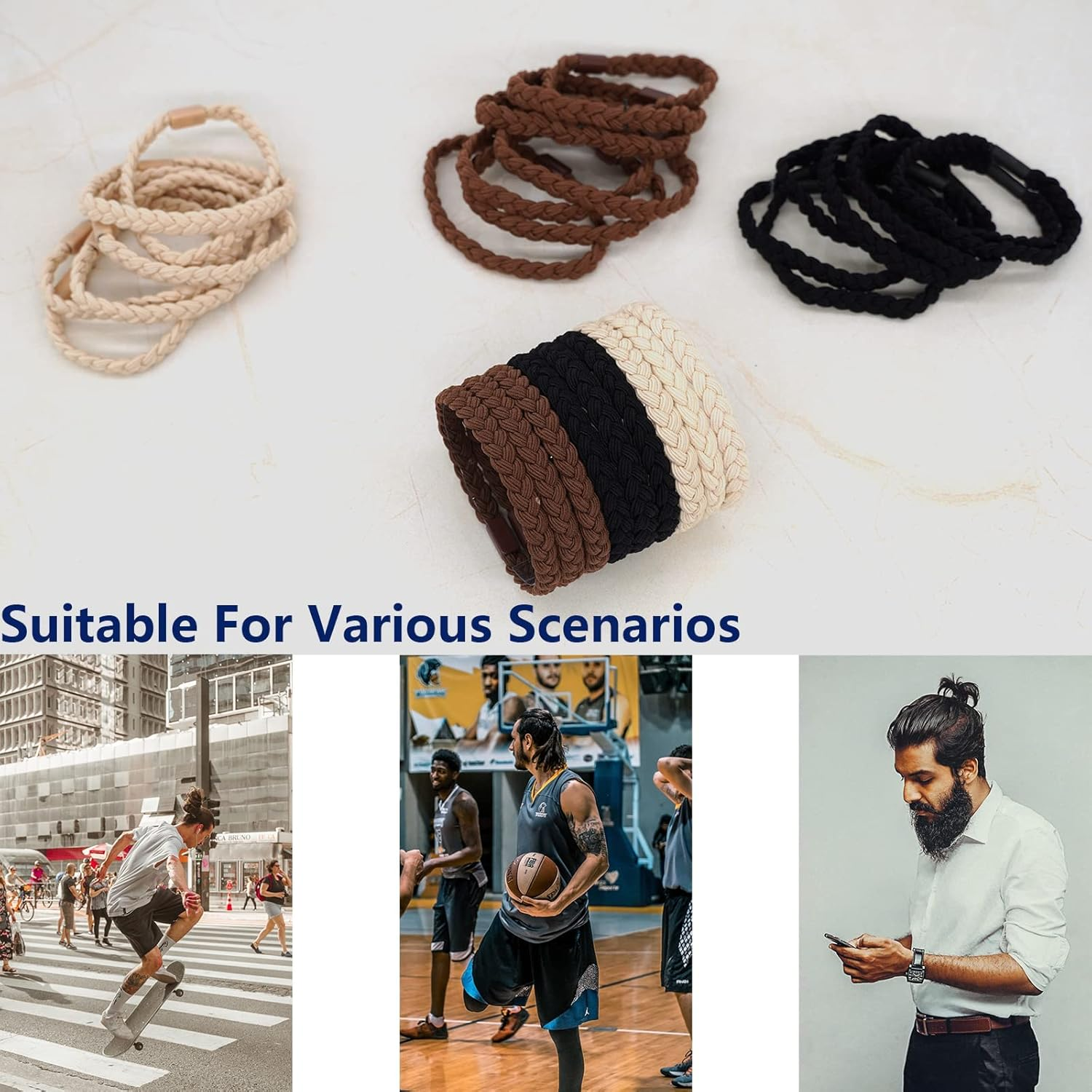 20 Pieces Braided Hair Ties for Men Guys, for Curly Thick Long Hair Elastic Bracelet Hair Ties, No Damage, NO Slip, No Rip Hair Ties for Many Hair Types (Black) image number 1