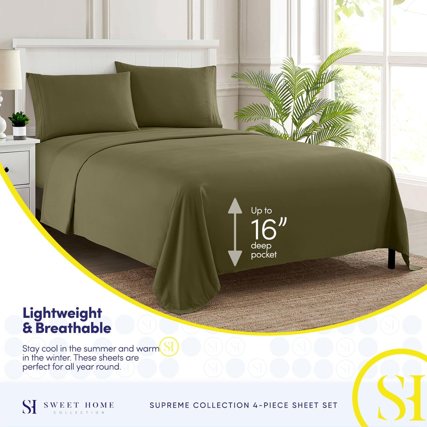 King Size Sheets - Breathable Luxury Bed Sheets with Full Elastic & Secure Corner Straps Built in - 1800 Supreme Collection Extra Soft Deep Pocket Bedding Set, Sheet Set, King, Olive image number 6
