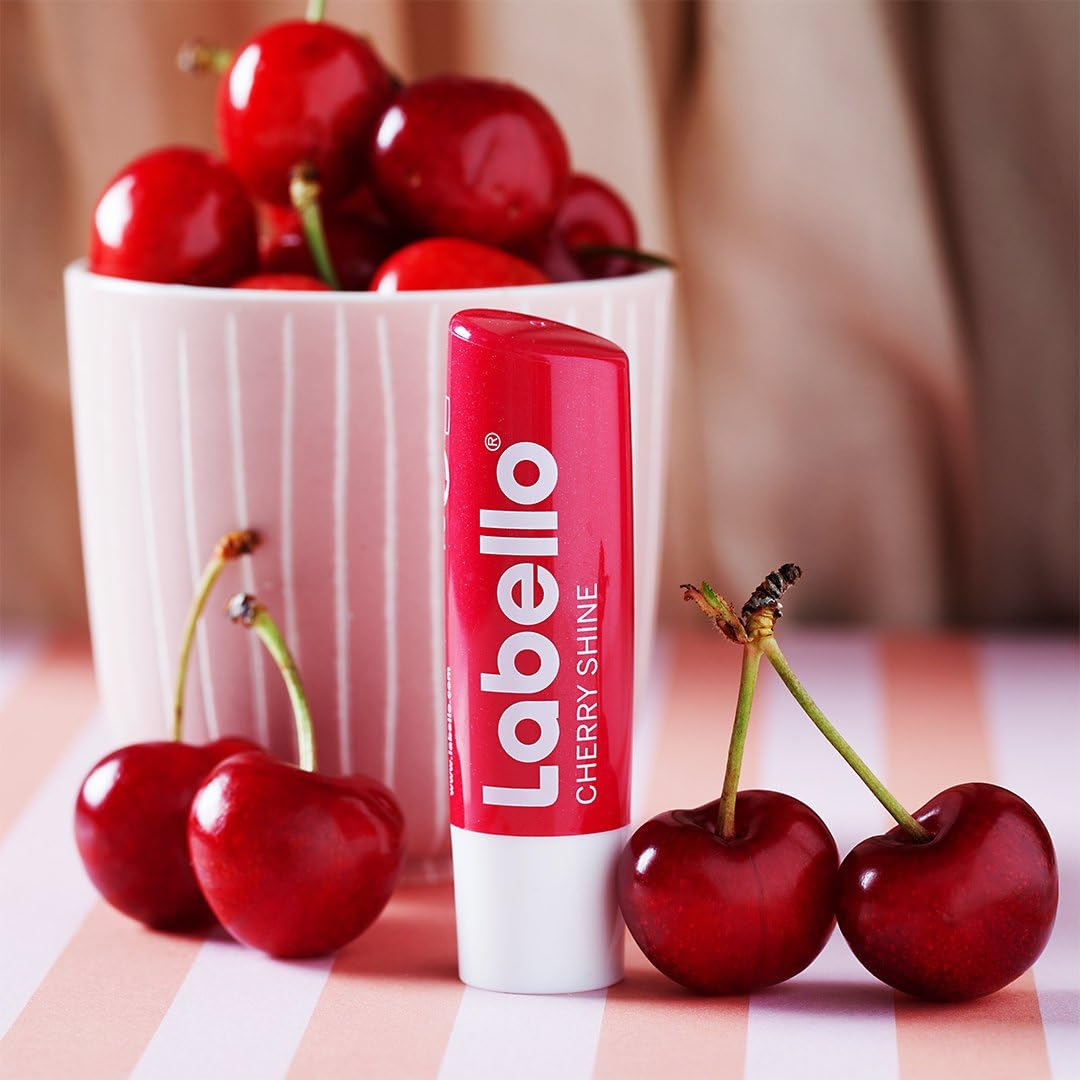 Labello Cherry Shine Lip Balm with Colour for Dry Lips Pack of 2 X 4.8 G