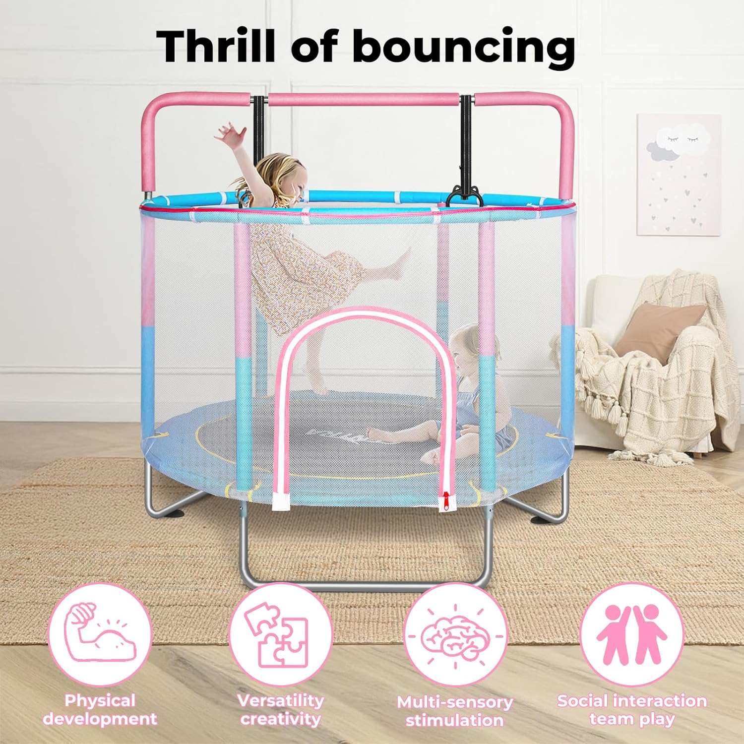 Centra 55'' Trampoline for Kids, Toddler Trampoline Indoor/Outdoor, Mini Toddler Trampoline with Enclosure Net, No-Gap Safe Design, Recreational Trampolines, Gifts for Boys and Girls, 3 Years+