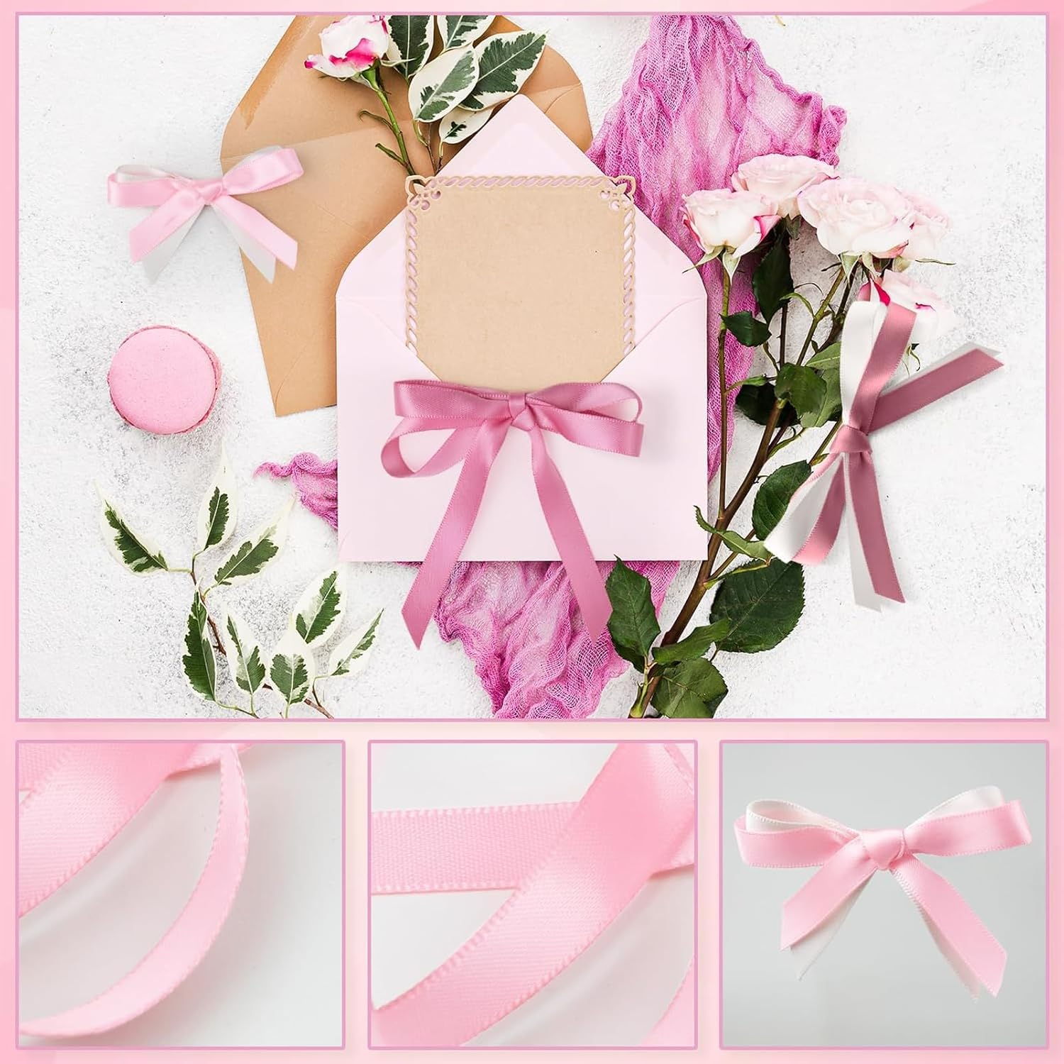 Tehttz 6 Rolls 25 Yard Pink Satin Ribbon, 1Cm Wide Craft Fabric Ribbon for Gift Wrapping, Wedding Ribbons for Flower Bouquet Craft Wedding Party Decoration (Total 150 Yard)