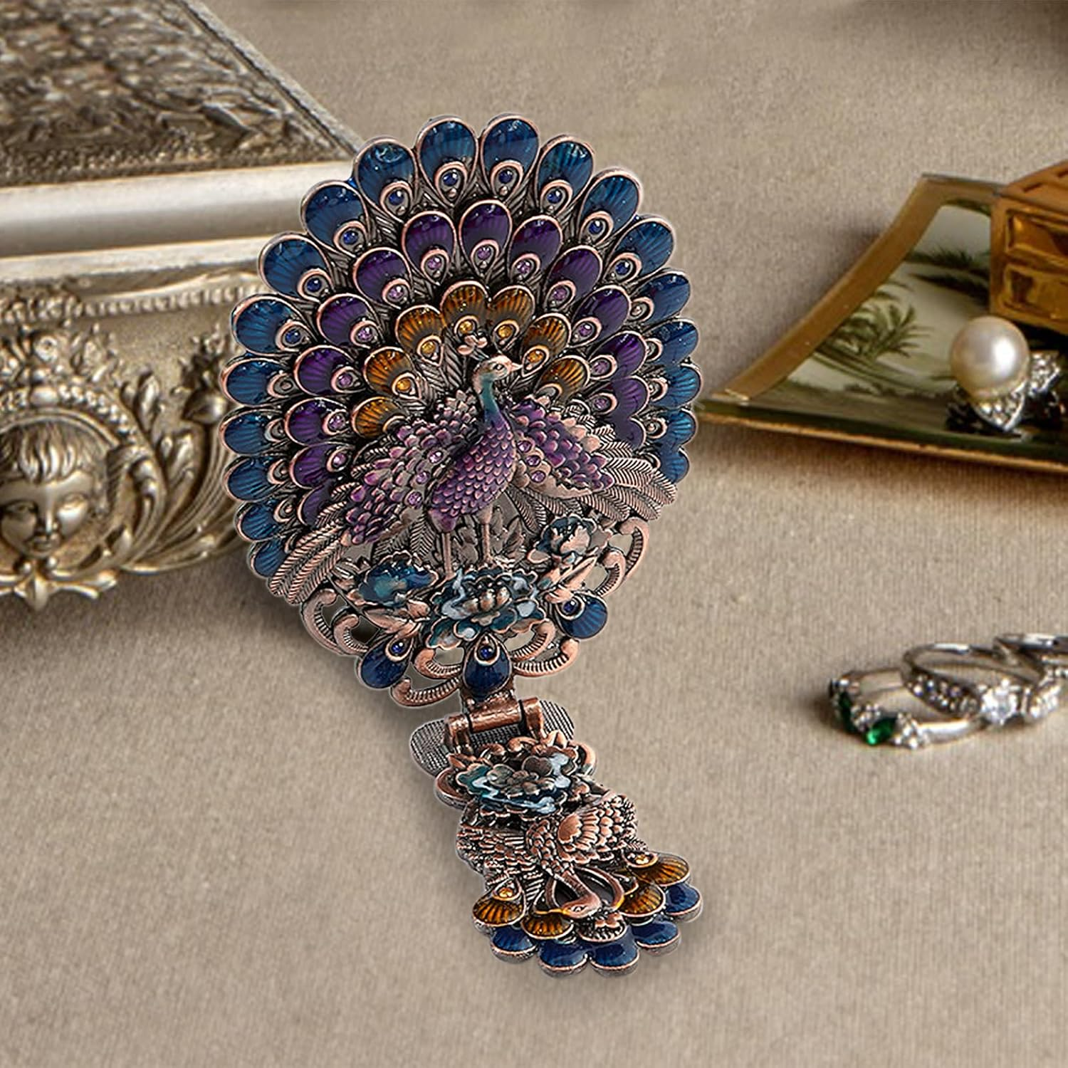 Nerien Women'S Antique-Style Foldable Metal Phoenix Cosmetic Mirror Peacock Vanity Mirror Portable Handle Mirror Copper - Copper-1 image number 6