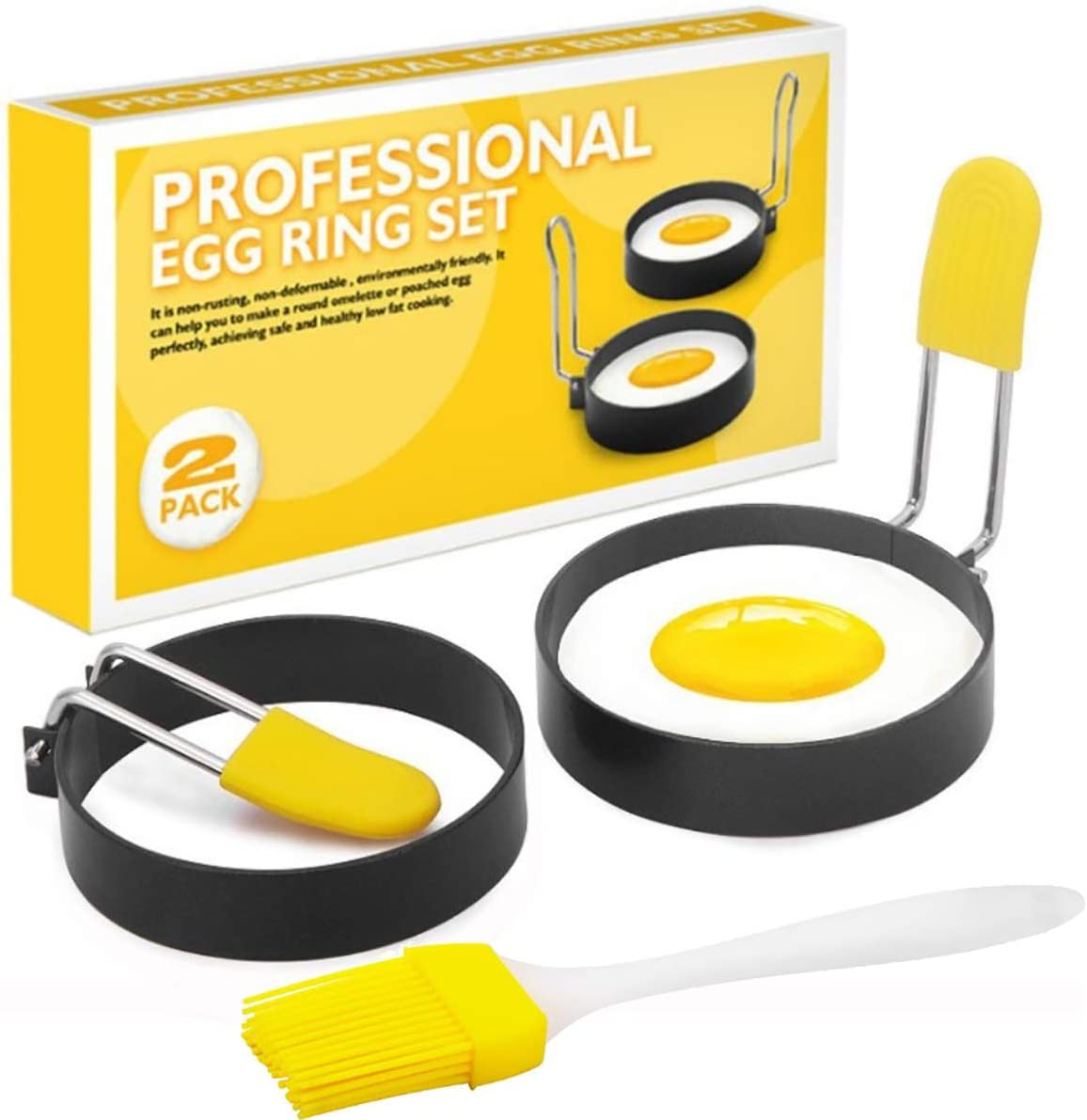 Egg Ring for Frying and English Muffin - round Shaper Mold with Anti-Scald Handle - Stainless Steel Non-Stick Cooker Ring - 4 Pack (Oil Brush Included)