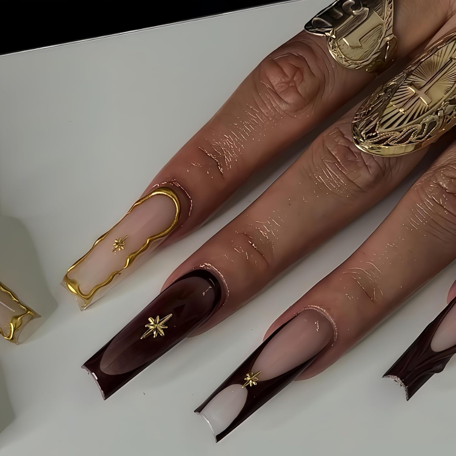 SEENEEY Brown Square Long Fake Nails French Style Extra Long with Gold Charm Designs Acrylic Nails Xl 24PCS image number 3