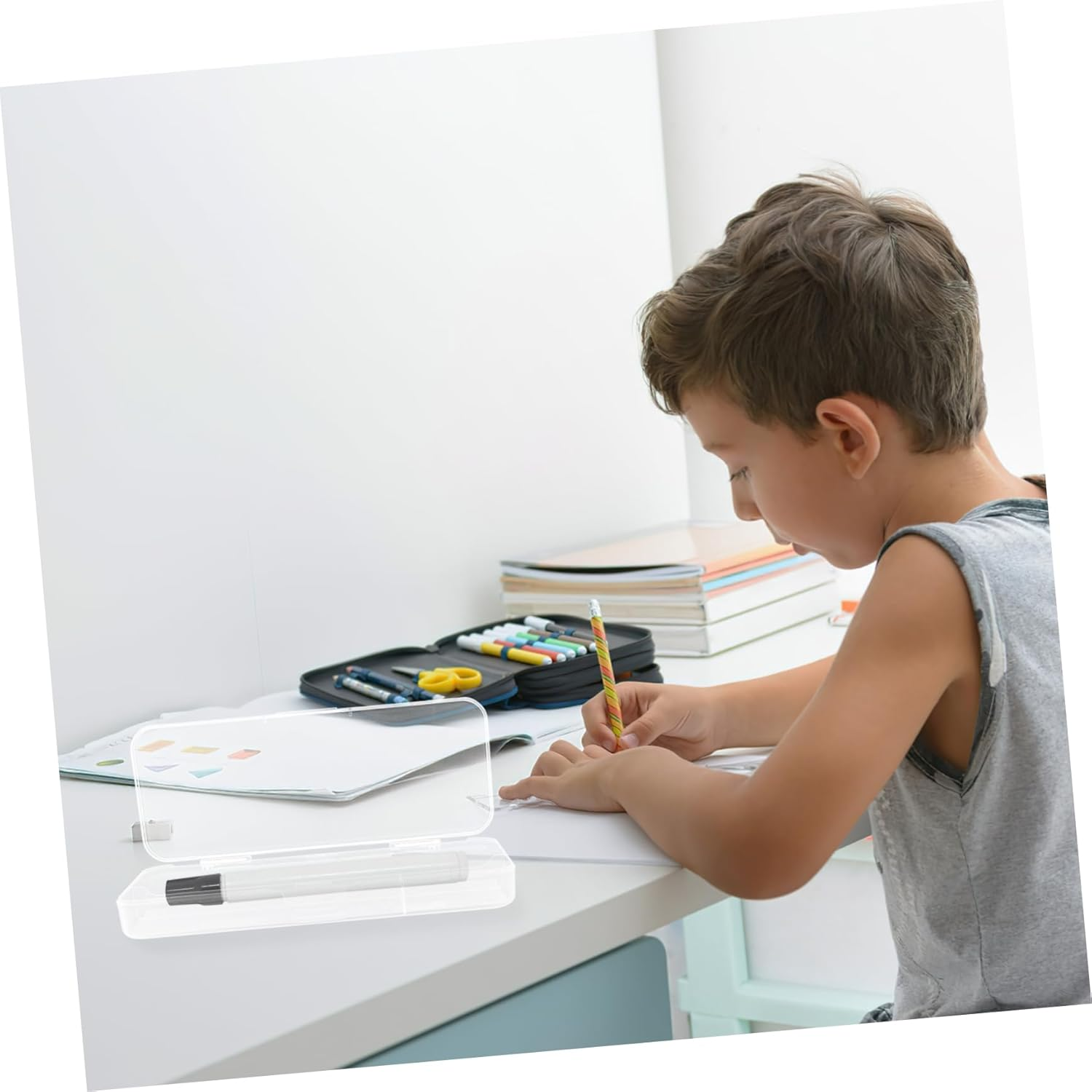 HOUDERCO Large Capacity Plastic Pencil Box Stackable Pencil Case for Stationery Organization for Desk Accessories Storage image number 3