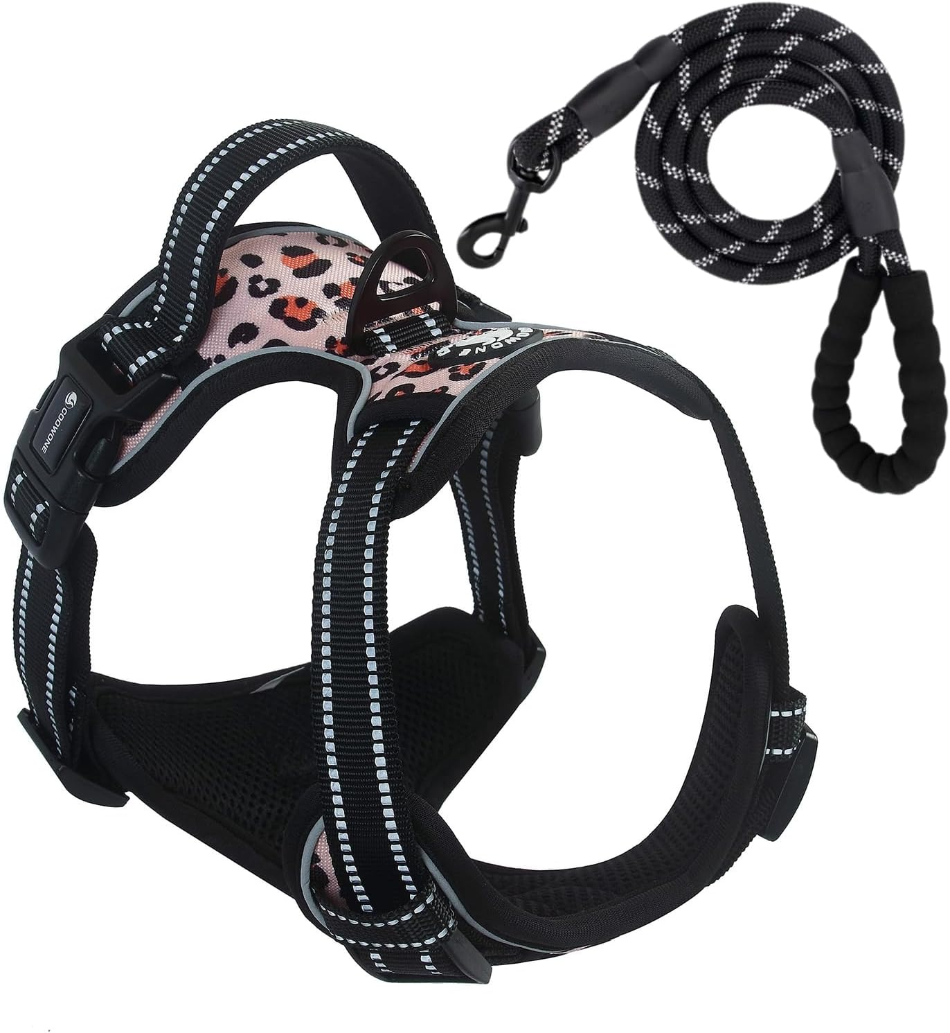 No Pull Dog Harness Front Range Reflective Pet Chest Harness with Easy to Control Padded Handle and 2 Buckles, Perfect for Daily Training (L, Pink Leopard) image number 3