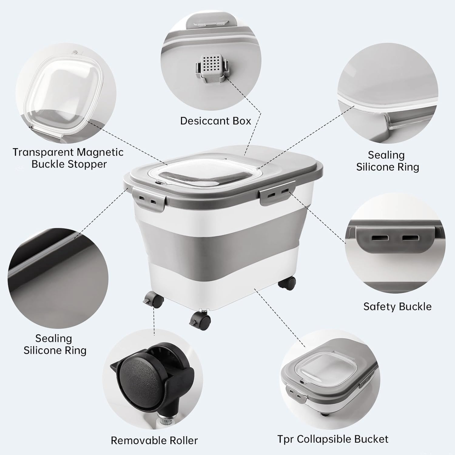 CHIEFAWAY 20L Collapsible Dog Food Container with Casters and Scoop, Food Storage Container Make Dry Food Fresh, Airtight Pet Dog Cat Dry Food Storage Bin Dispenser, Easy to Move image number 3