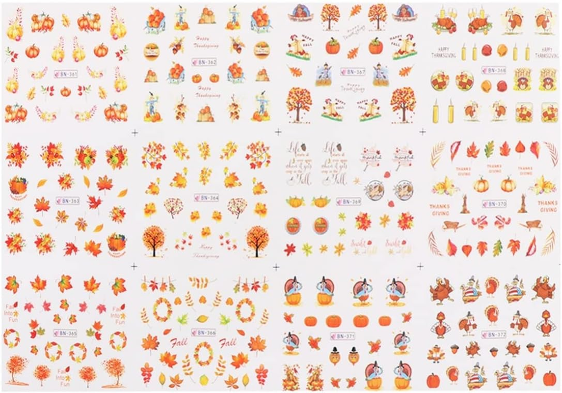 2PCS Halloween Nail Decals Fall Fingernail Sticker Autumn Nail Art Stickers Thanksgiving Nail Decals Water Transfer Maple Leaf Miss Adhesive Big Sheet image number 2