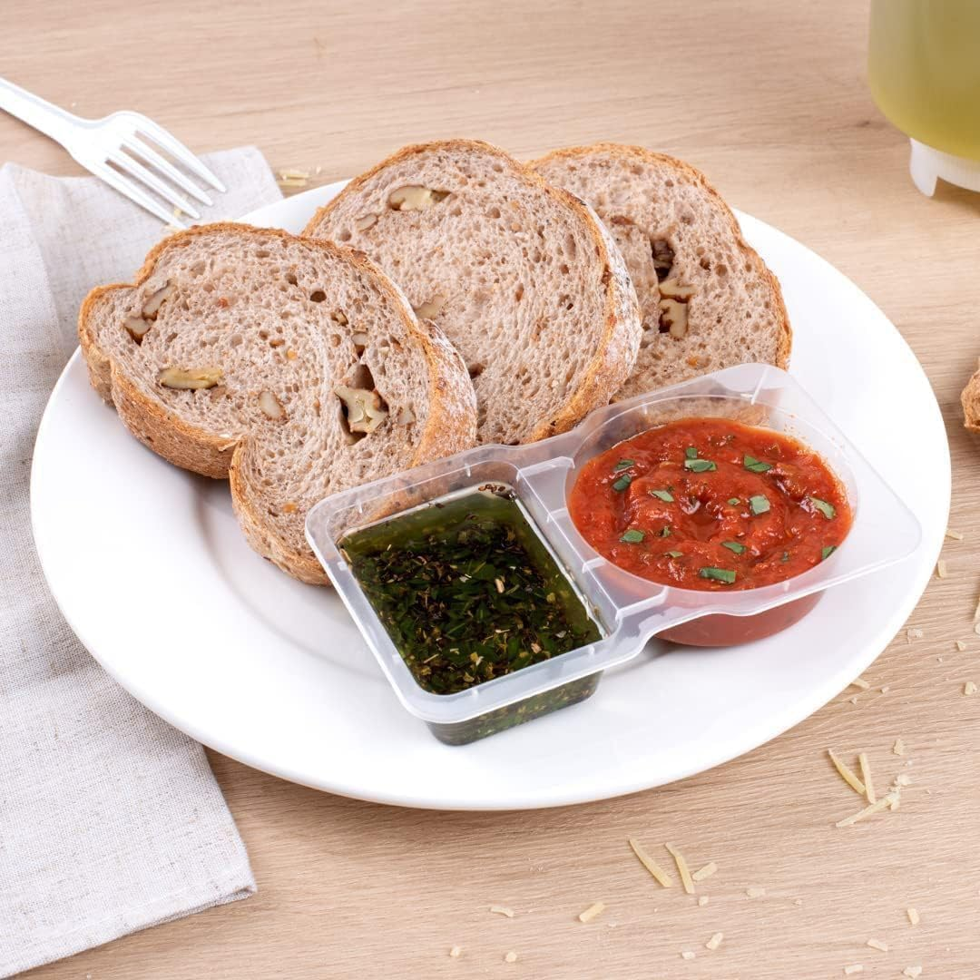 Tongke Double Compartment Condiment Container with Lids, Disposable Clear Salad Dressing for Sauce, Sampling, Travel Snack (15)