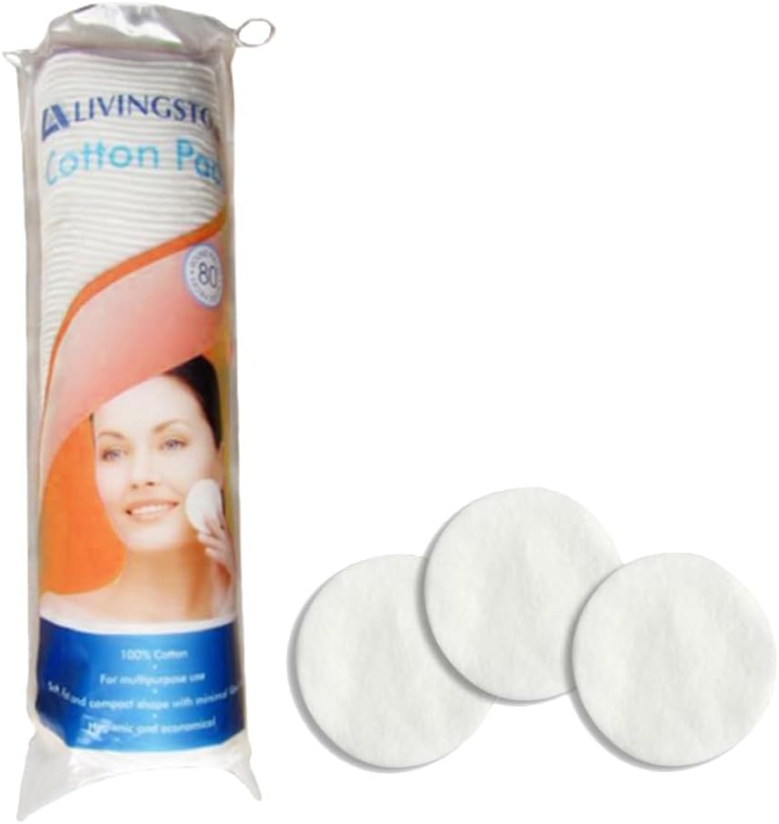 Livingstone Cosmetic Pad round Cotton with Semi Sealed Edge, White, 80 Pads/Bag