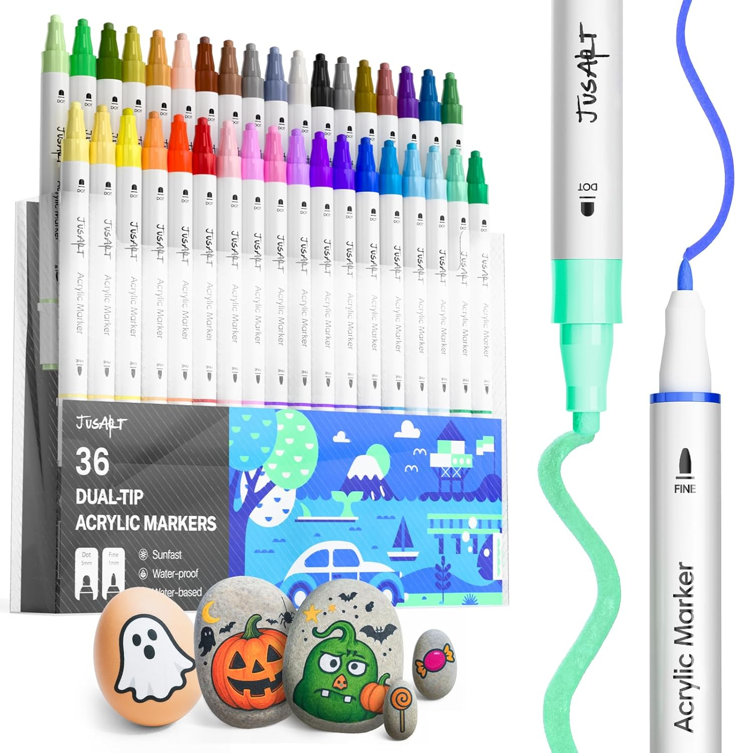 Jusart 48 Colors Dual Tip Acrylic Paint Markers, Acrylic Paint Pens with Dot and Fine Tip for Rock, Fabric, Wood, Glass, Ceramic, Canvas - Vibrant Art Supplies Beginners & Artists
