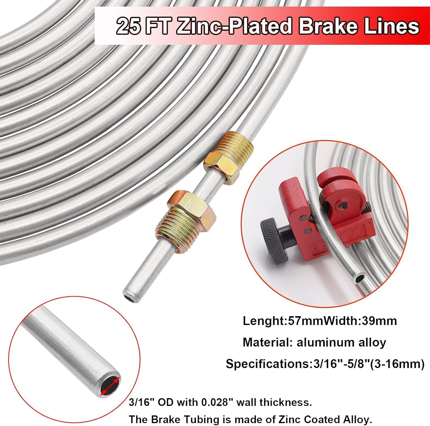 26Pack 3/16 Inch Brake Line Kit Include 25 FT Zinc-Plated Brake Lines with Fitting(16Pcs Fittings,2Pcs Union+4Pcs Nut) Brake Line Bender,Single Flare Tool,Cutter 3/16 Inch Brake Line Kit (26) image number 1