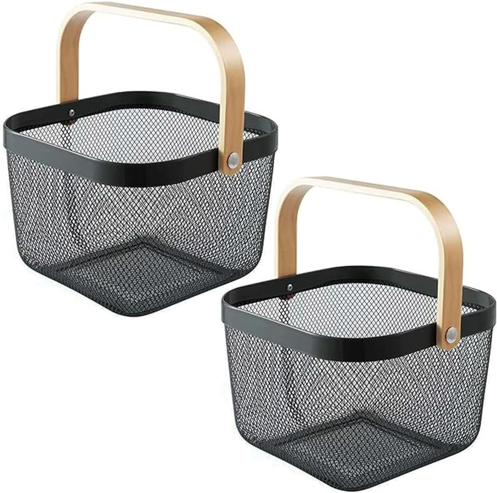2 Pack Metal Mesh Steel Basket, Square Wire Basket with Handle Storage Organizer Basket, Garden Harvest Basket Fruit Basket for Kitchen Garden Picnic Collect Vegetables (Black)