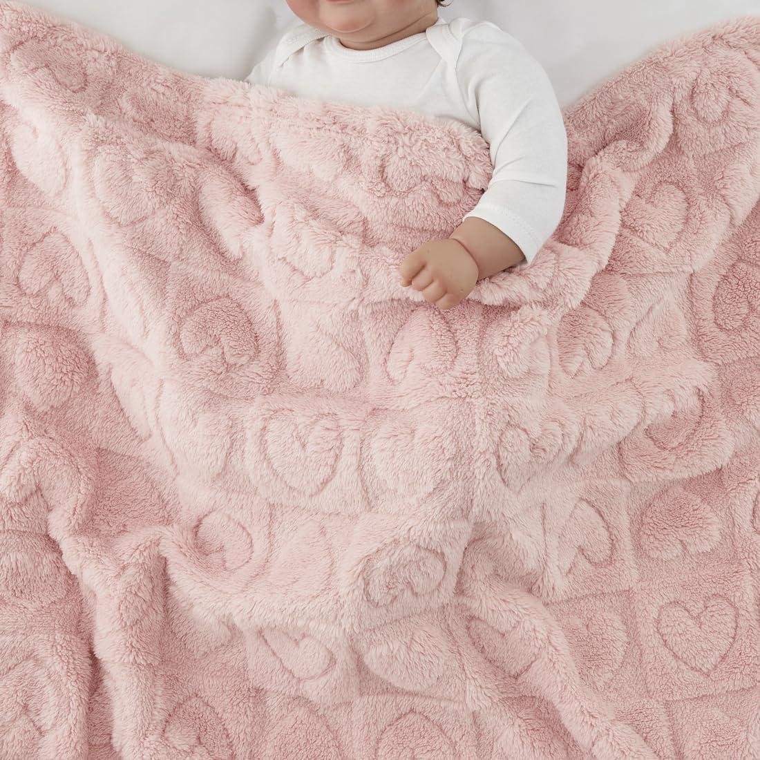 CREVENT 76X102CM Cozy Soft Warm Sherpa Baby Blanketfor Girls Boys, Newborn Essentials for Infant, Babyshower - Pink Heart image number 5