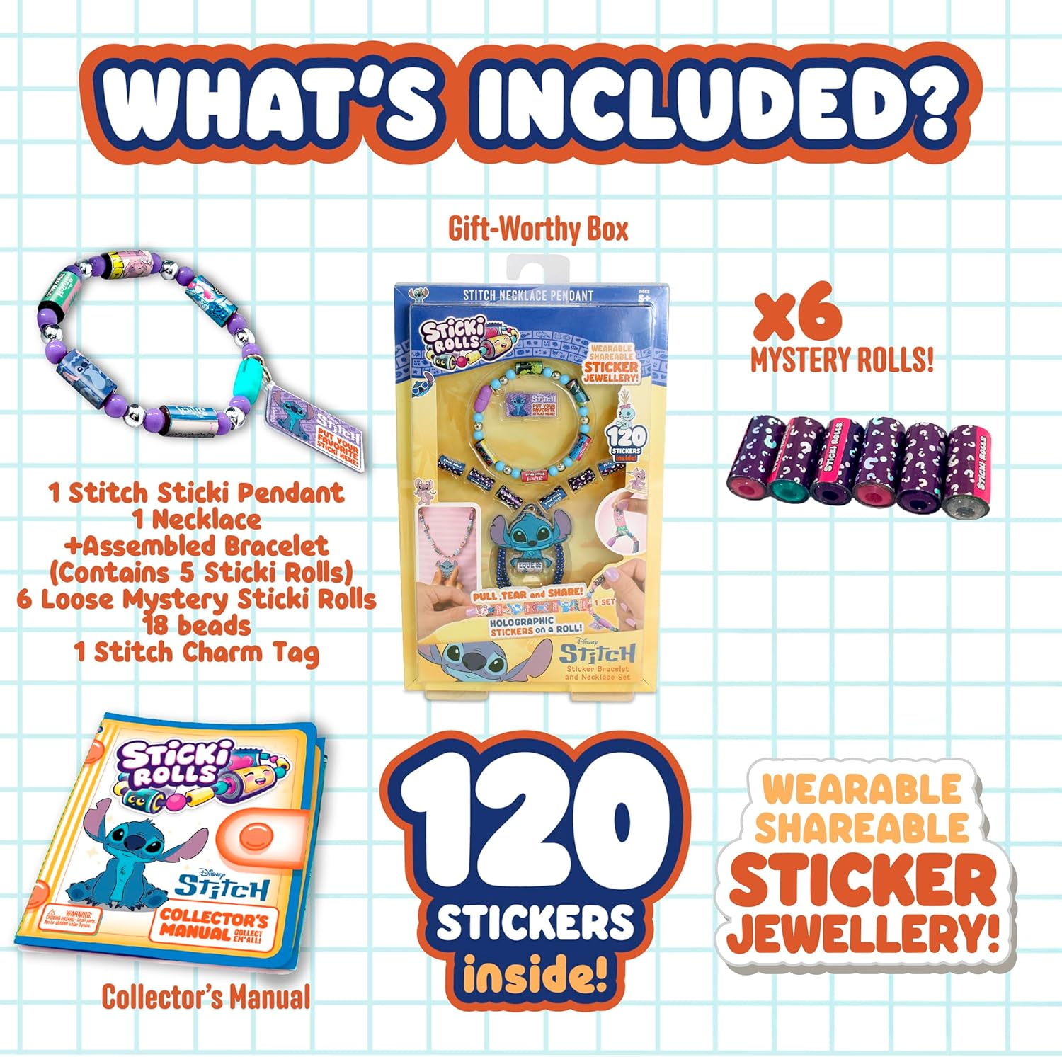 Sticki Rolls Stitch Pendant Pack, Wearable Sticker Jewellery, Collectable Toys, Disney Stitch image number 3