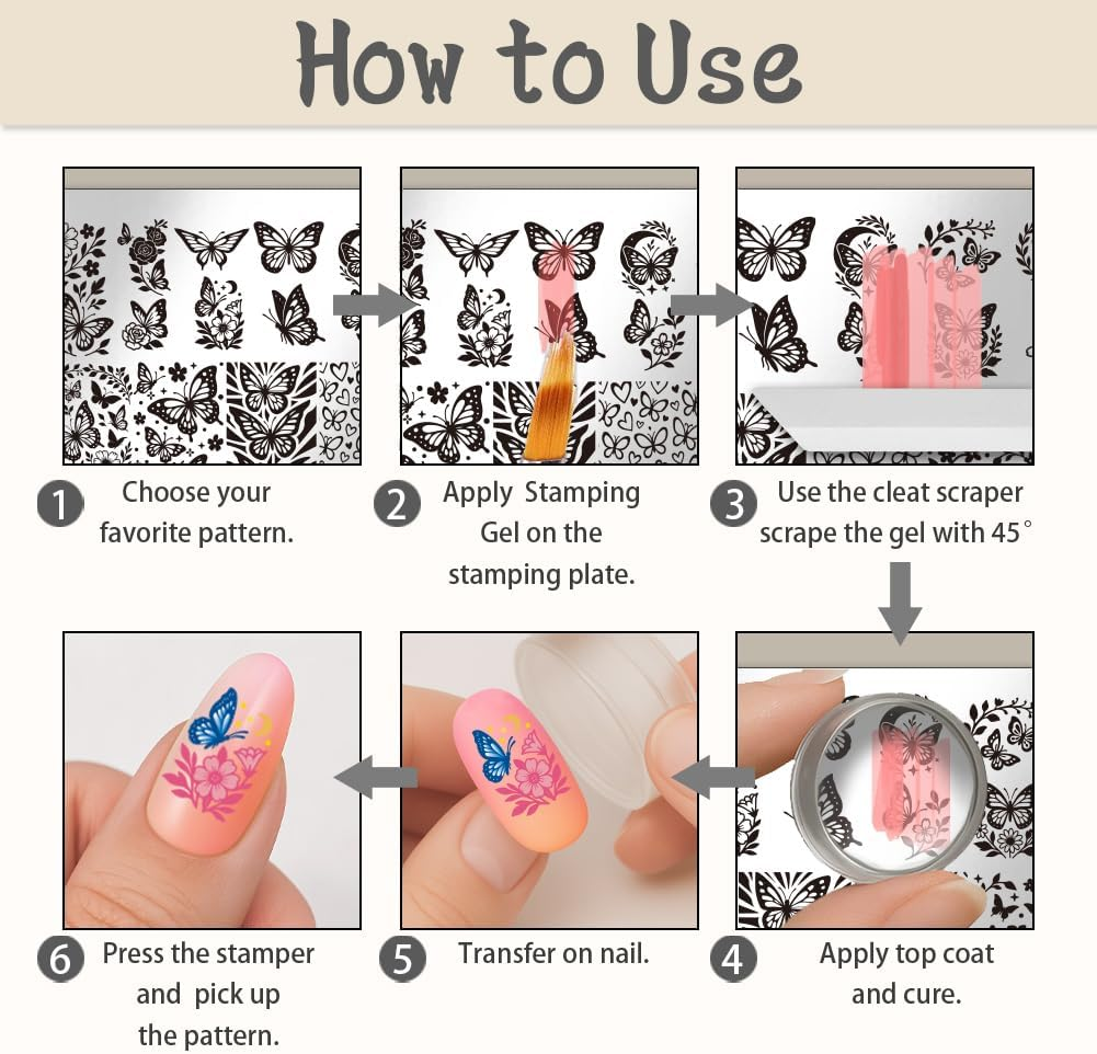 UNICRAFTALE 5Pcs Butterfly Flower Reusable Nails Stamp Flames Nails Stamping Kit Abstract Textures French Tip Nail Stamp Star Stainless Steel Nail Stamping Plates for DIY Women Gift 12X6Cm image number 1