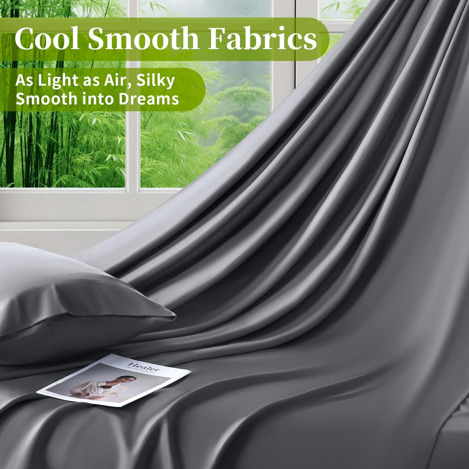 Shilucheng 100% Cooling Bamboo_ Sheets Set- Queen Size 1800 Thread Count Soft Bed Sheets,16 Inch Deep Pocket,Breathable,Comfortable and Pilling Resistant -4Pc(Queen,Dark Grey) image number 2