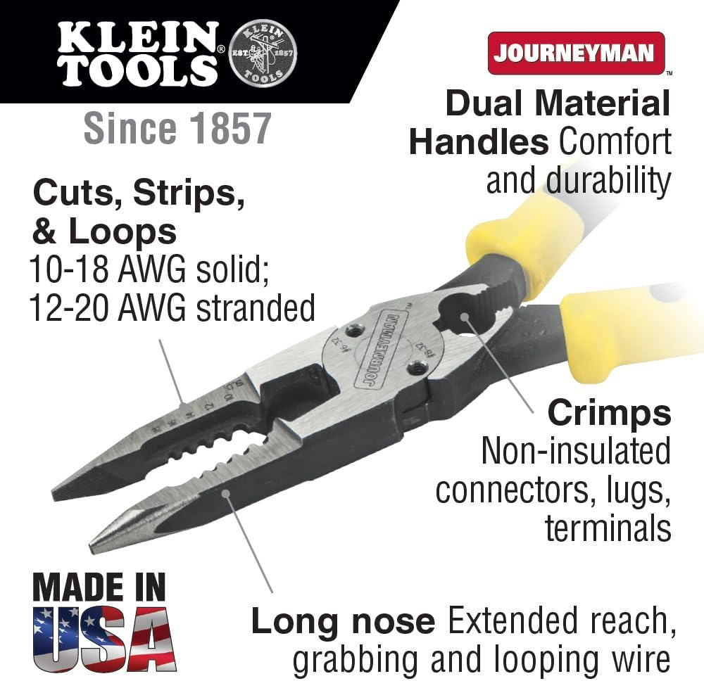 Klein Tools Needle Nose Pliers with Crimper, All Purpose Plier Crimps, Strips, Cuts, Loops, and Shears J207-8CR image number 3