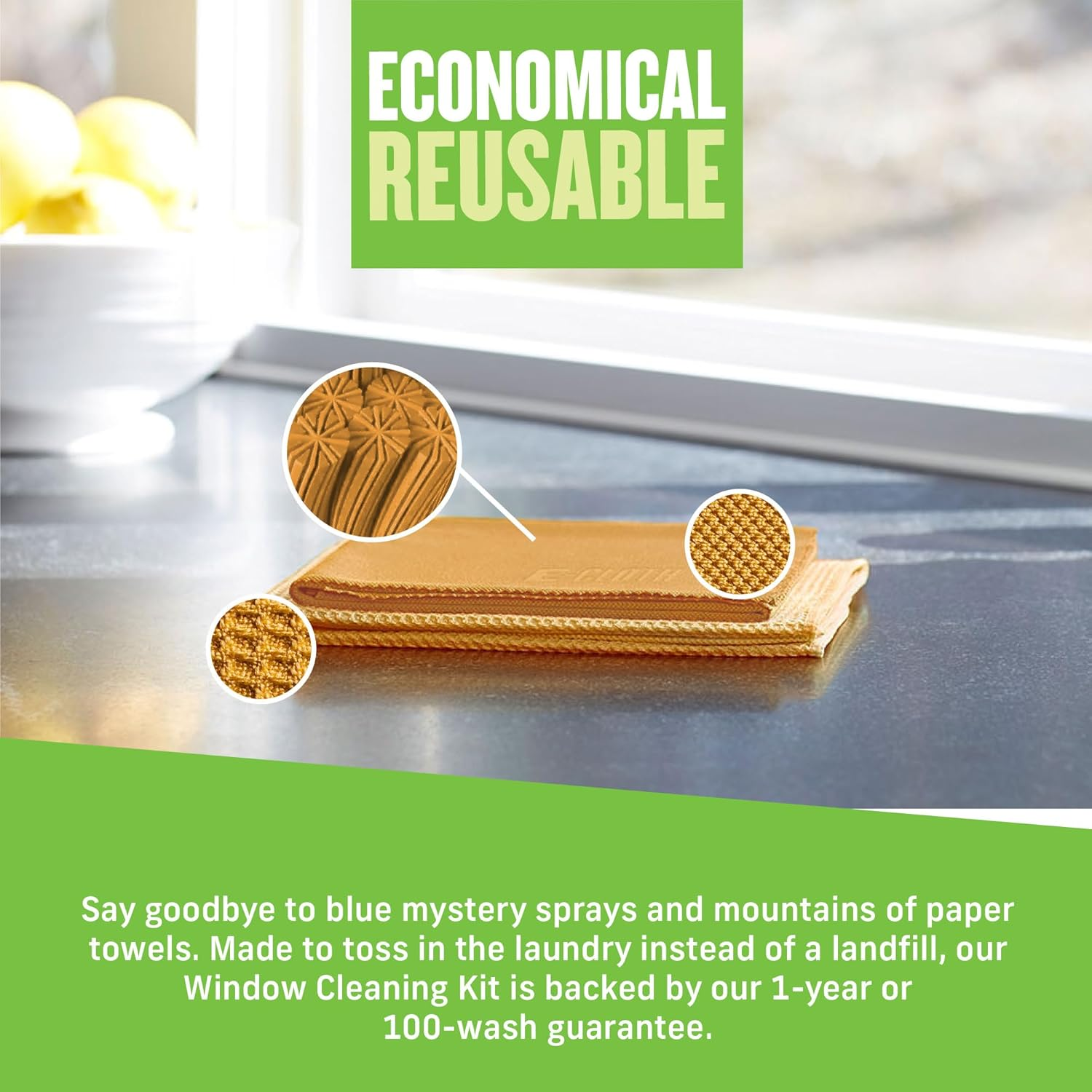 E-Cloth Window Cleaner Kit - Window and Glass Cleaning Cloth, Streak-Free Windows with Just Water, Microfiber Towel Cleaning Kit for Windows, Car Windshield, Mirrors - Tangerine Orange image number 3