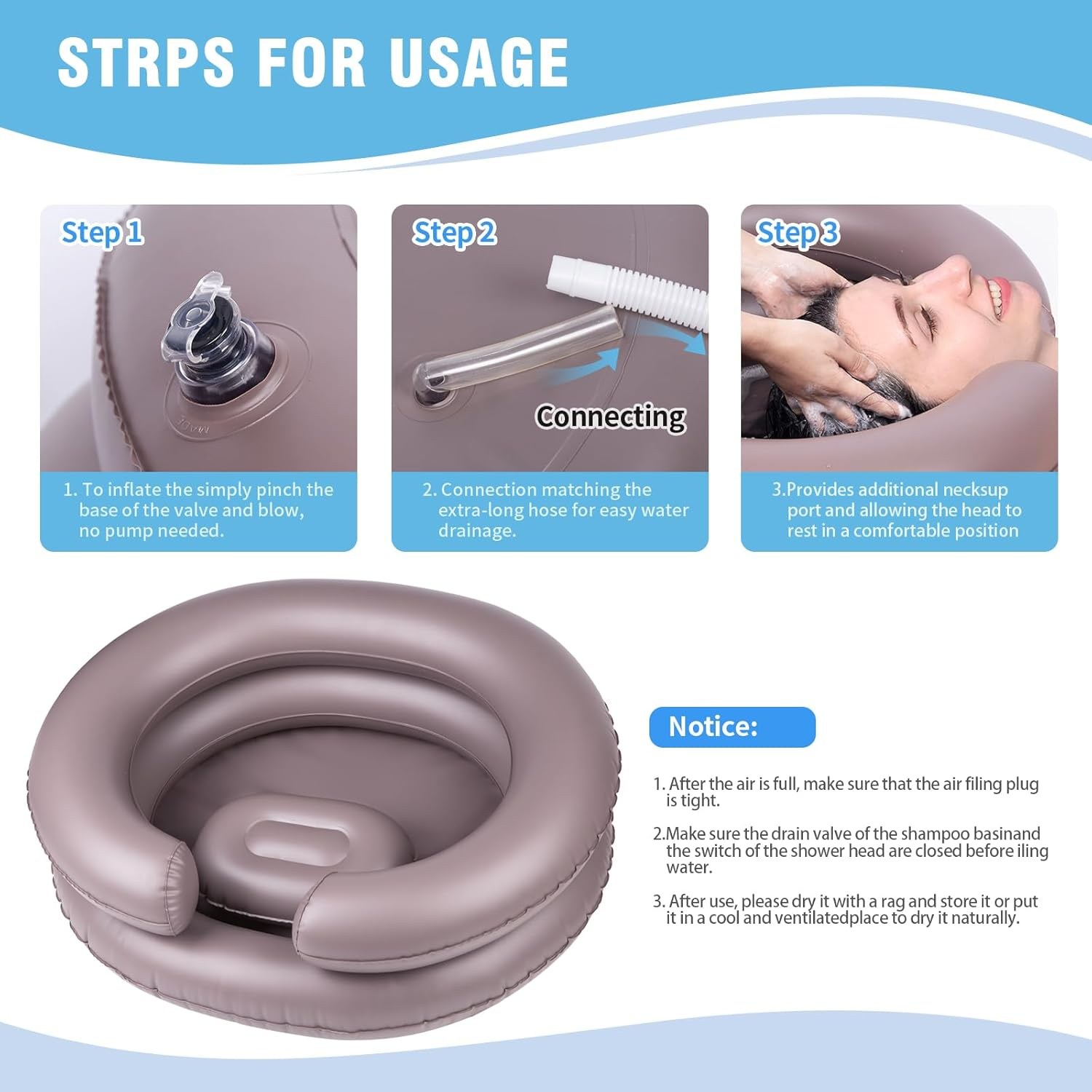 Large Portable Inflatable Hair Washing Basin for Bedridden - Wash Hair in Bed with Inflatable Shampoo Bowl.Hair Washing Basin for Elderly,Disabled,Injured,Ideal Inflatable Sink for Locs Detox - Purple image number 7