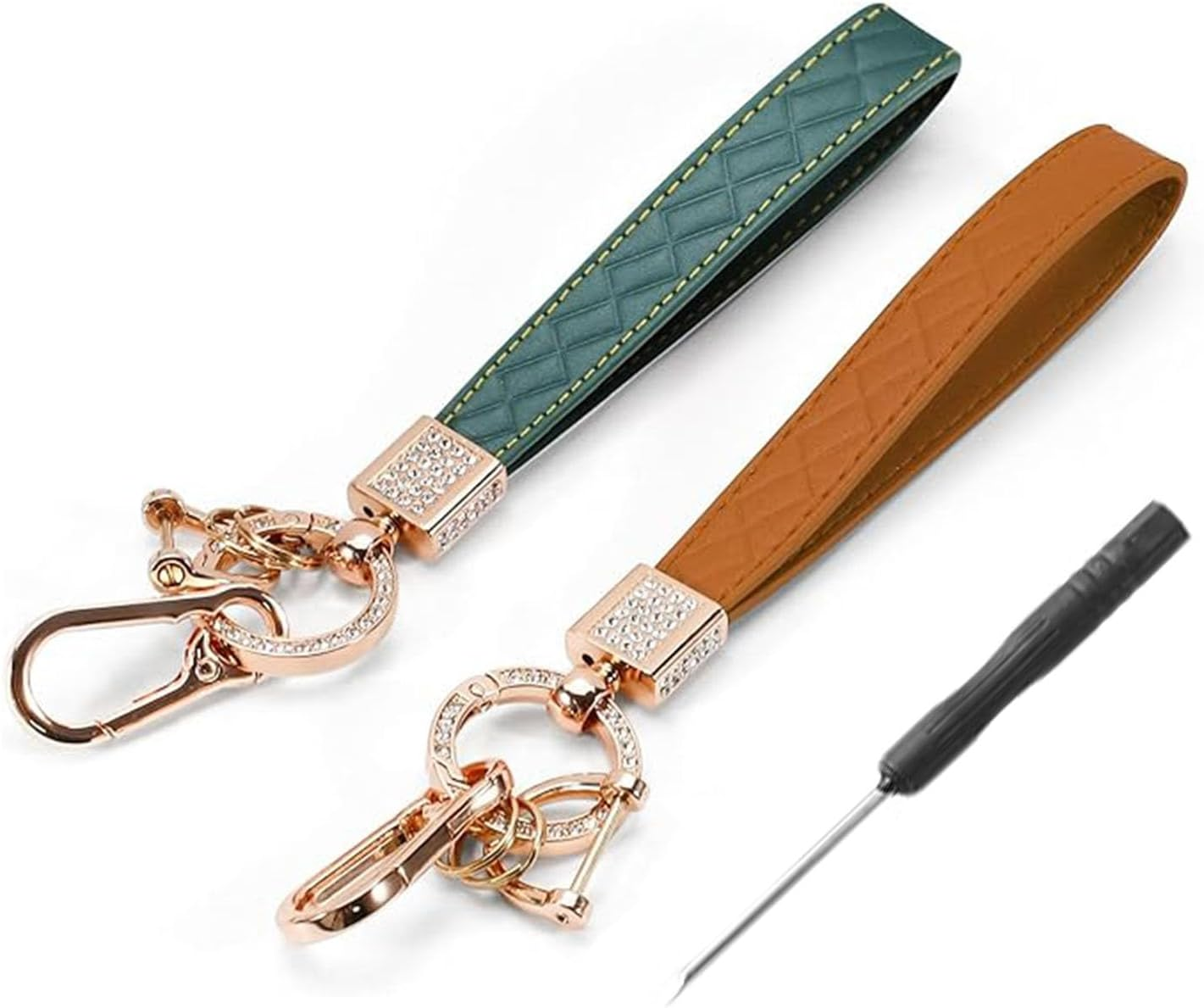 Leather Keychain Wristlet,2Pcs Leather Car Keychain Key Ring Lanyard Accessories,Rhinestone Inlaid Alloy Car Key Chain,360&deg;Rotatable Wrist Fob Keychain Holder,Car Key Chain Cover