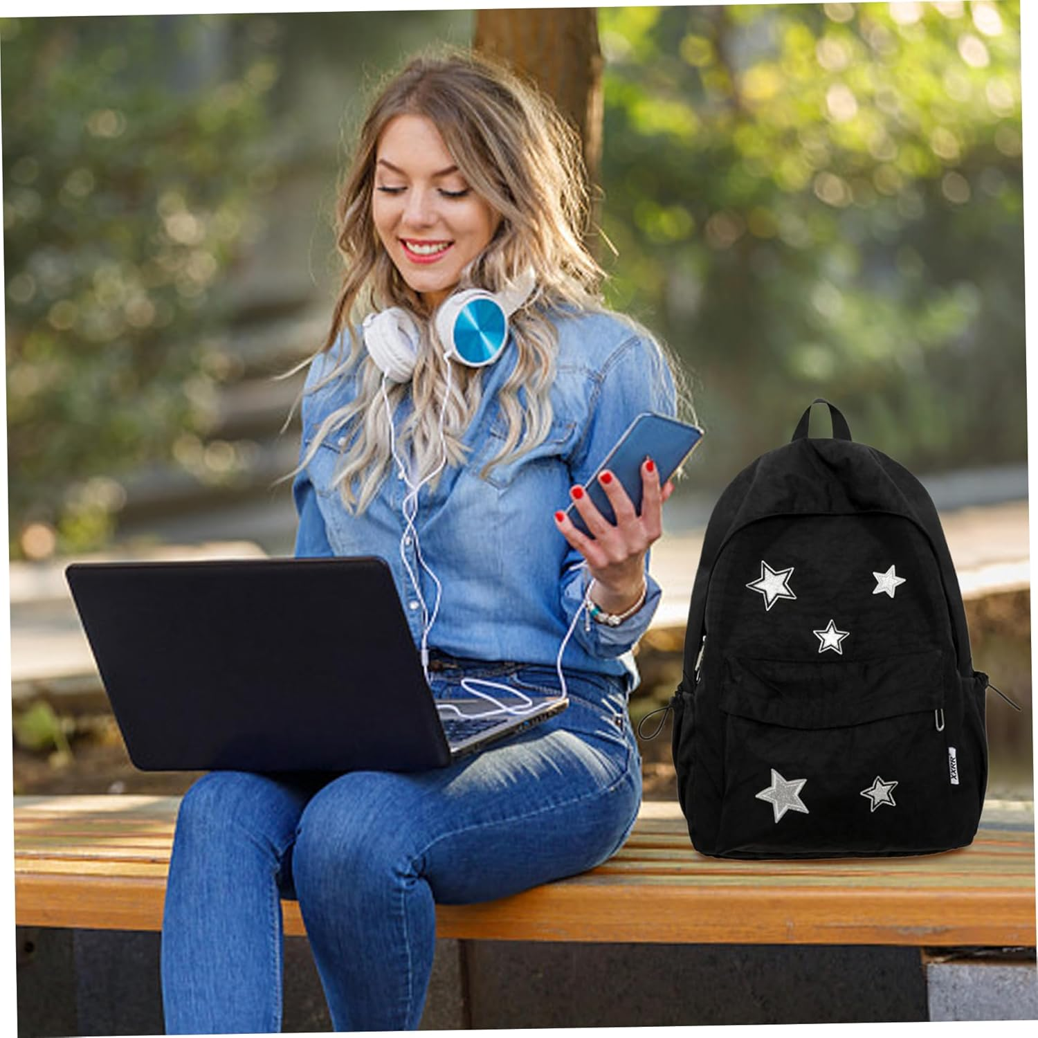 Star Backpack Y2K Backpack Large Capacity Star Canvas School with Smooth Zipper & Front Pocket Book Bags Black Laptop