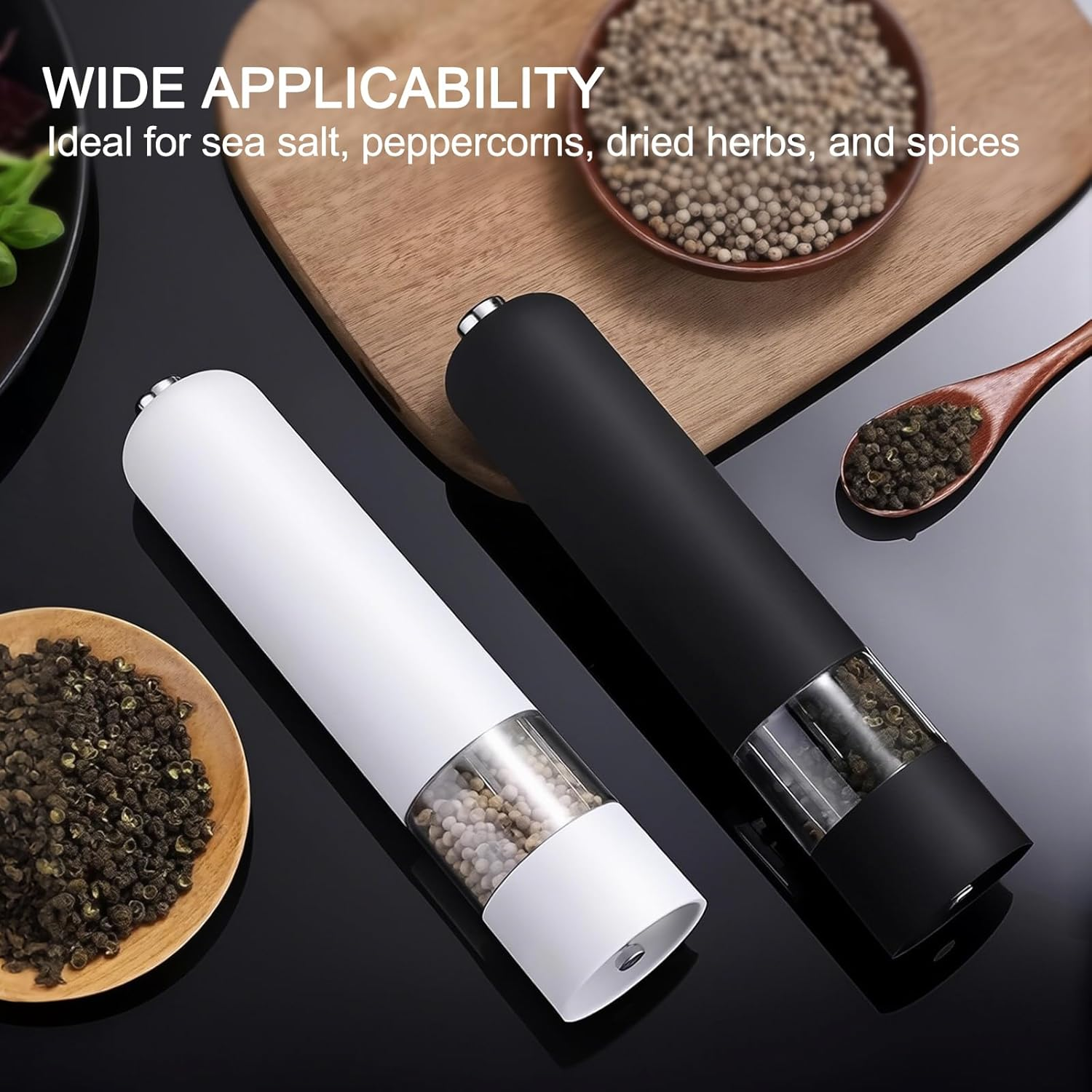 Electric Salt and Pepper Grinder Set, ABS Pepper Mill Set with Adjustable Ceramic Core, Refillable Spice Container for Home Kitchen, One Touch Operation image number 4