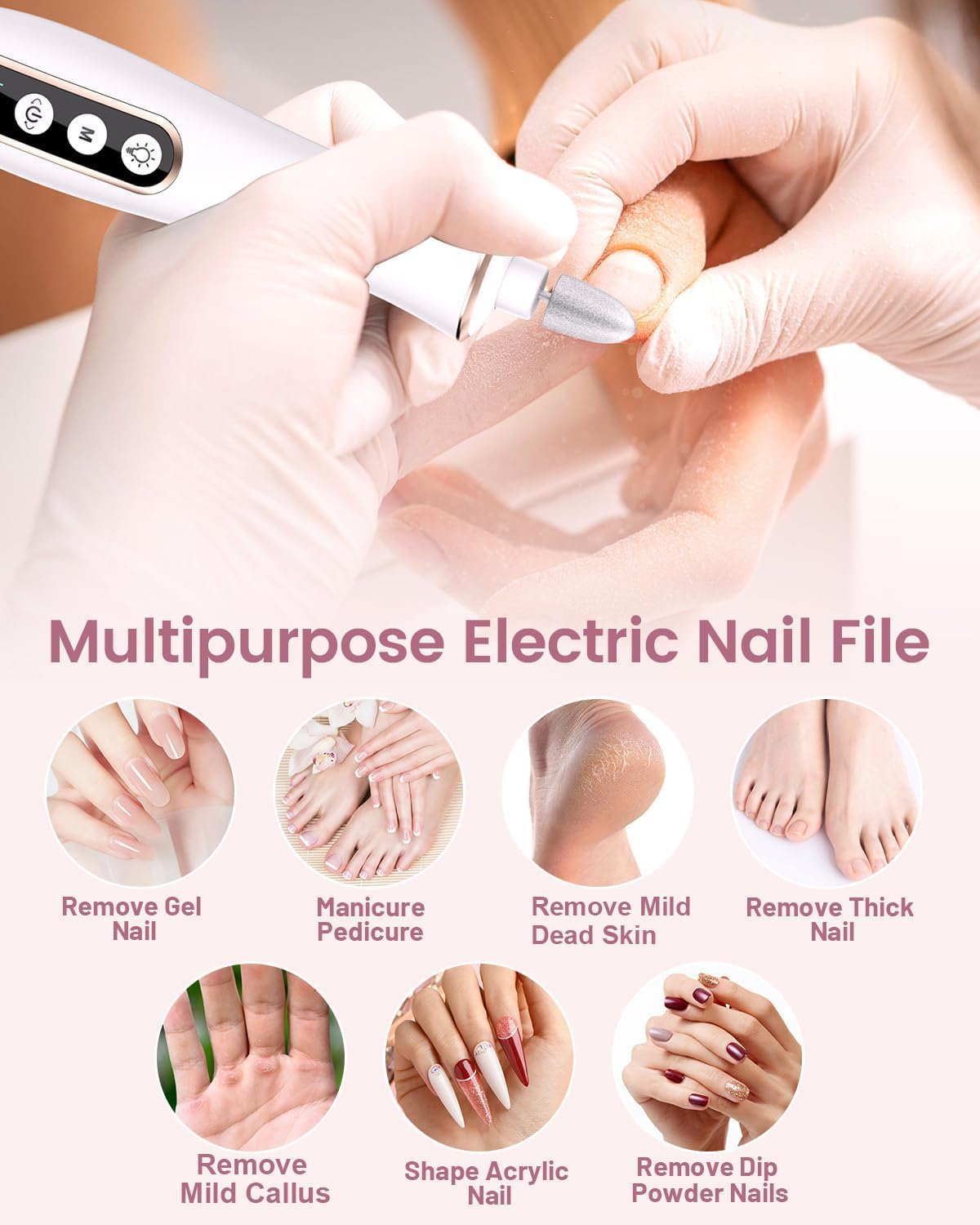 Electric Nail Sander for Gel Nails - Electric Nail File 10 Speed Cordless Electric Nail Sander Manicure Set for Acrylic Gel Natural Gel Nails (White) - Black image number 7