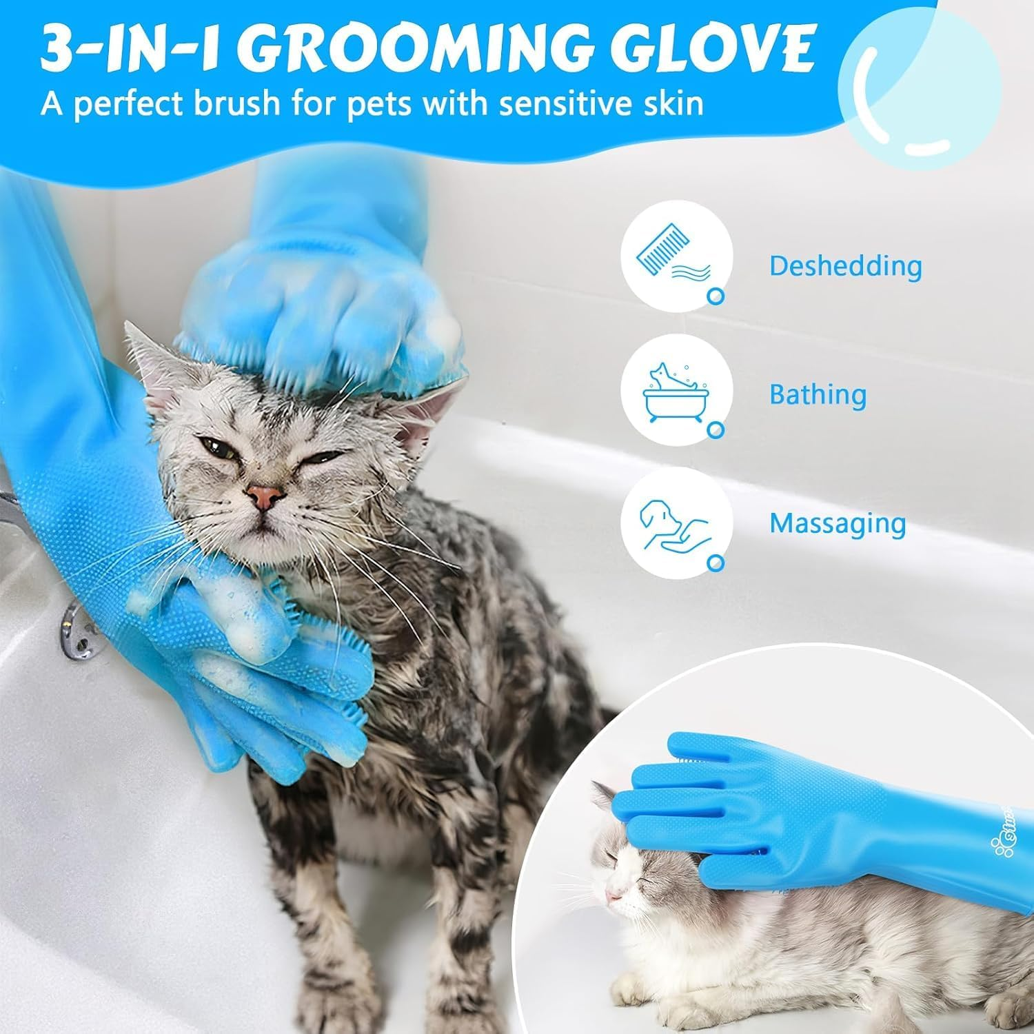 Pet Grooming Gloves + Detangling Comb Set - 5 Finger Massage Mitt for Bathing/Shedding | Gentle Brush for Dogs Cats Rabbits Horses (Enhanced Grip) image number 5