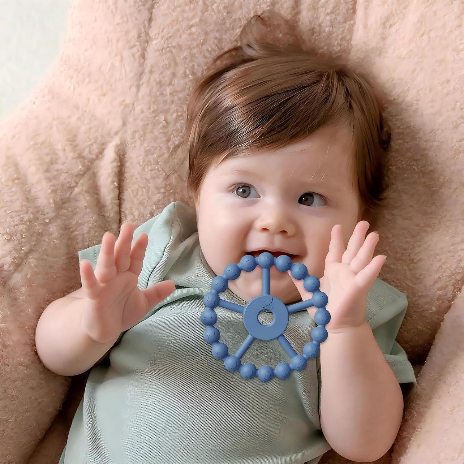 3 Pack Ring Teether Baby Infant Toys, Silicone Teething Ring Toys for Baby Teethers 6-12 Months 12-24 Months, Easy to Grasp Toy, Baby Teething Relief, BPA Free Newborn Accessories (Blue Pink Beige)