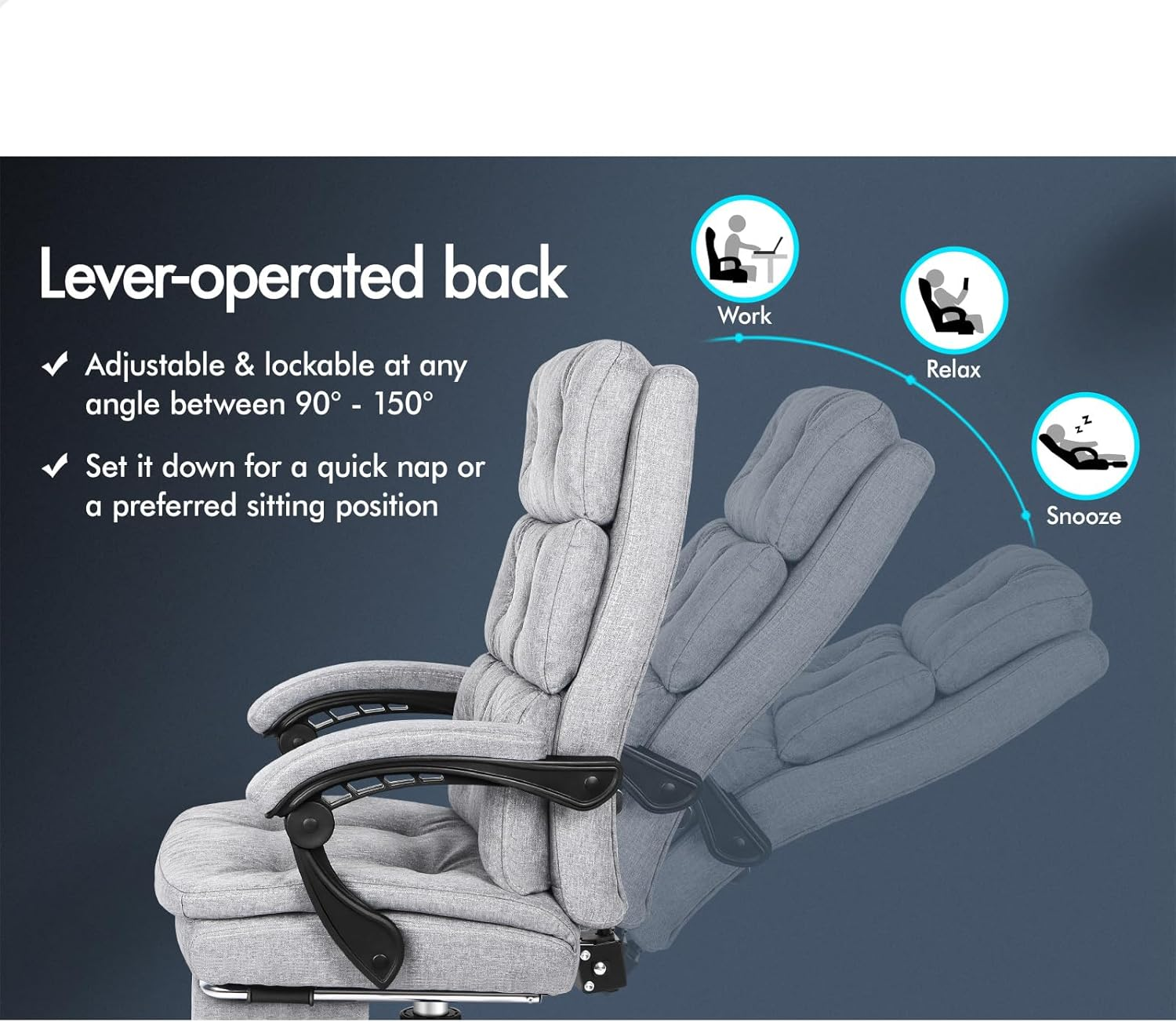 ALFORDSON Ergonomic Executive Office Chair with Footrest, High Back Desk Computer Chair Recliner for Home Office Study Student, Fabric Wide Seat Video Gaming Chair, Palmer Fabric Grey - Fabric Grey image number 3