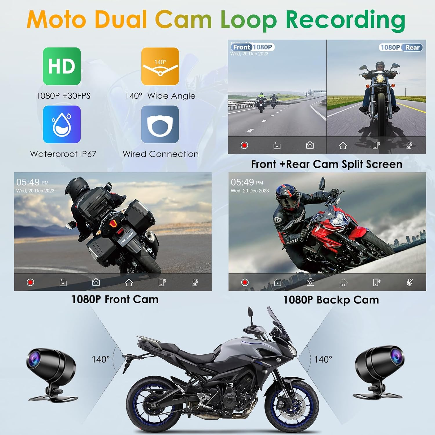 Carpuride W712D Motorcycle Carplay Screen with HD 1080P Dual Dash Cam, Wireless Car Play and Android Auto, 7" Waterproof Rotatable Navigation Touchscreen, Loop Recording, Bluetooth, Wired Controller image number 5