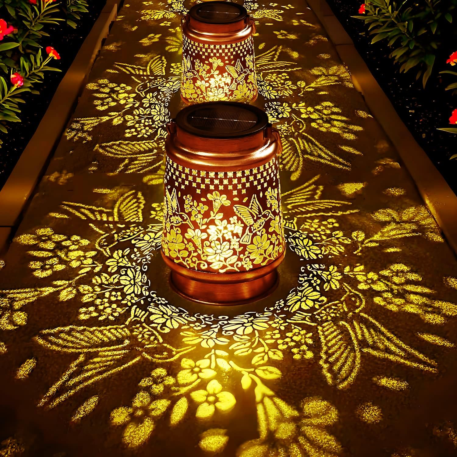 Joysing Solar Lights for Outdoor Hanging Pack of 2 Solar Lanterns for Outdoors, IP44 Waterproof Hummingbird Lantern, Garden Decoration, Metal Solar Garden Light, Vintage Solar Lantern for Patio, Lawn