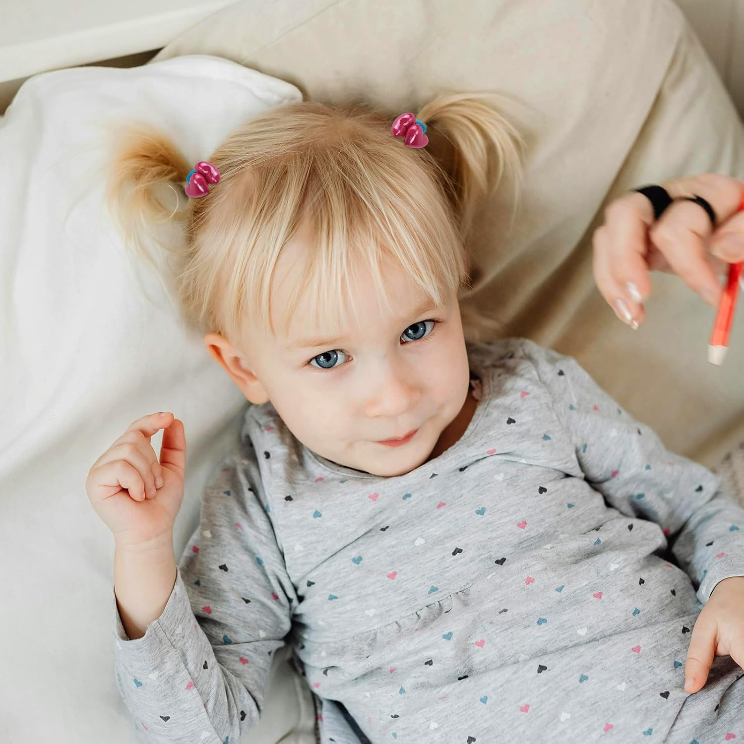 Lasuroa 14 Pcs Ball Charm Hair Ties for Little Girls, Double Heart Shaped Beads Elastic Hair Bands Cute Ponytail Holders for Toddler Girls Hairstyle Accessories image number 1