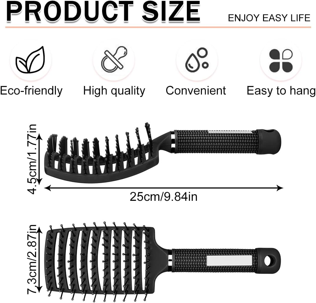 Hair Brush without Pulling, Boar Bristles Hair Brush, Boar Bristles Hair Styling Brush for Long Fine Thick Curly Hair (Pack of 2, Black and White) image number 1