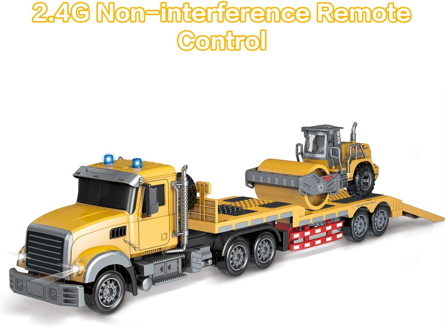 Fistone RC Semi Truck with Trailer, 1:24 RC Semi-Trailer Engineering Tractor with Sound and Lights, 2.4Ghz Remote Control Flatbed Truck with Road Roller Toys, Construction Vehicles Toy for Boys image number 6