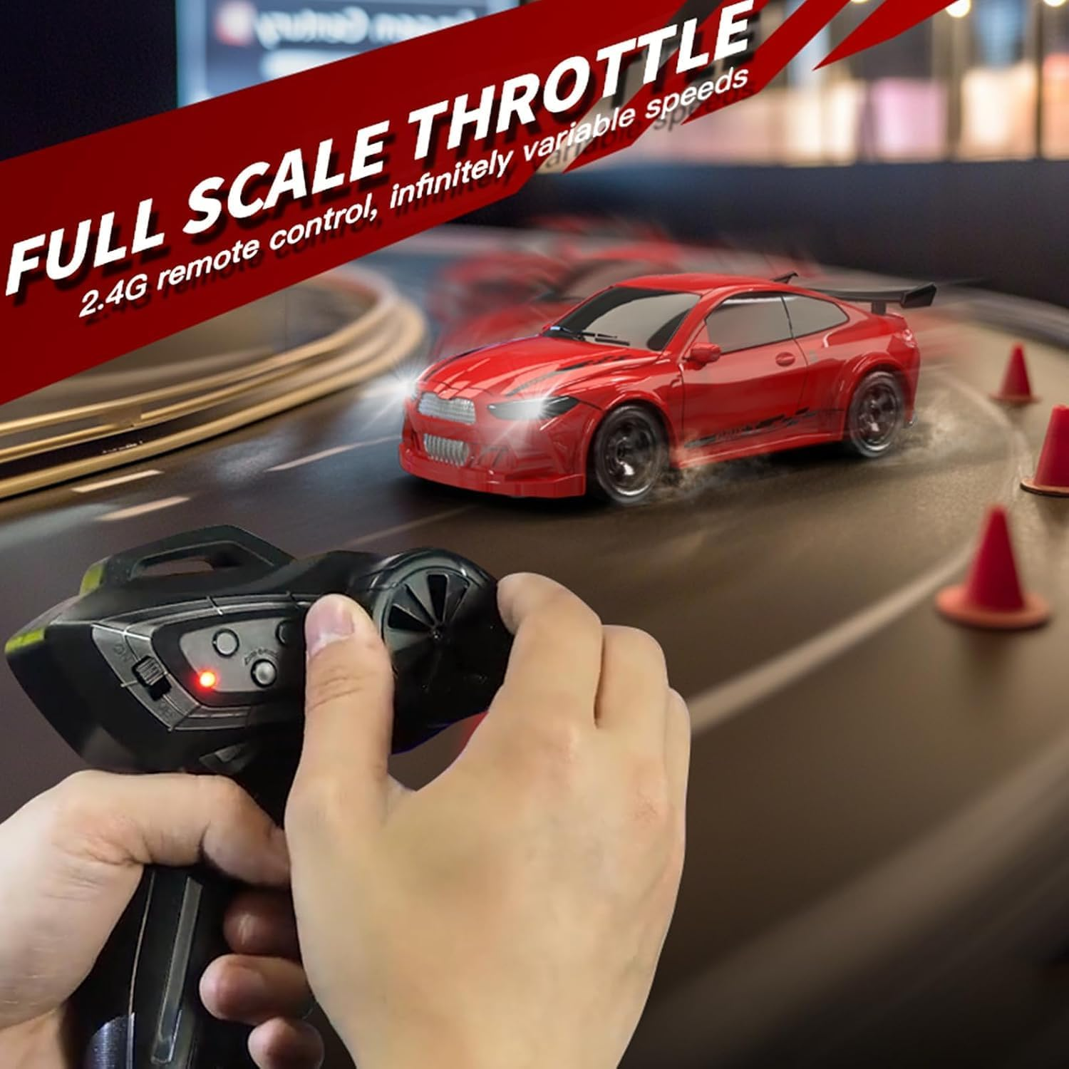 Mini 4WD Remote Control Drift Car,1:64 Hand Racing Car,2.4G Stepless Speed Remote Control Car,Simulation Front and Rear Lights,Suitable for Kids Adults Gift Toys (Black)