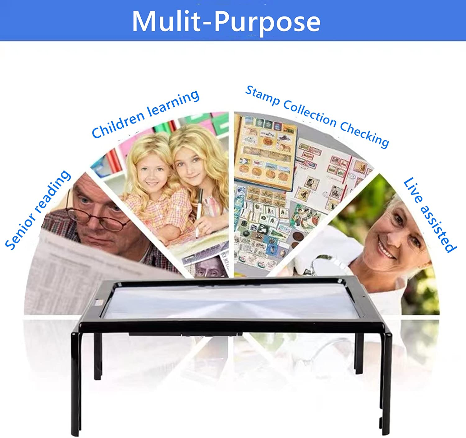 Full Page Magnifier Magnifying Lens Rectangular 3X with 4 LED Lights Illumination Neck Cord Fold Handheld Hands-Free Magnifier with Stand Ideal for Seniors,Children,Low Vision,Reading Books,Newspapers