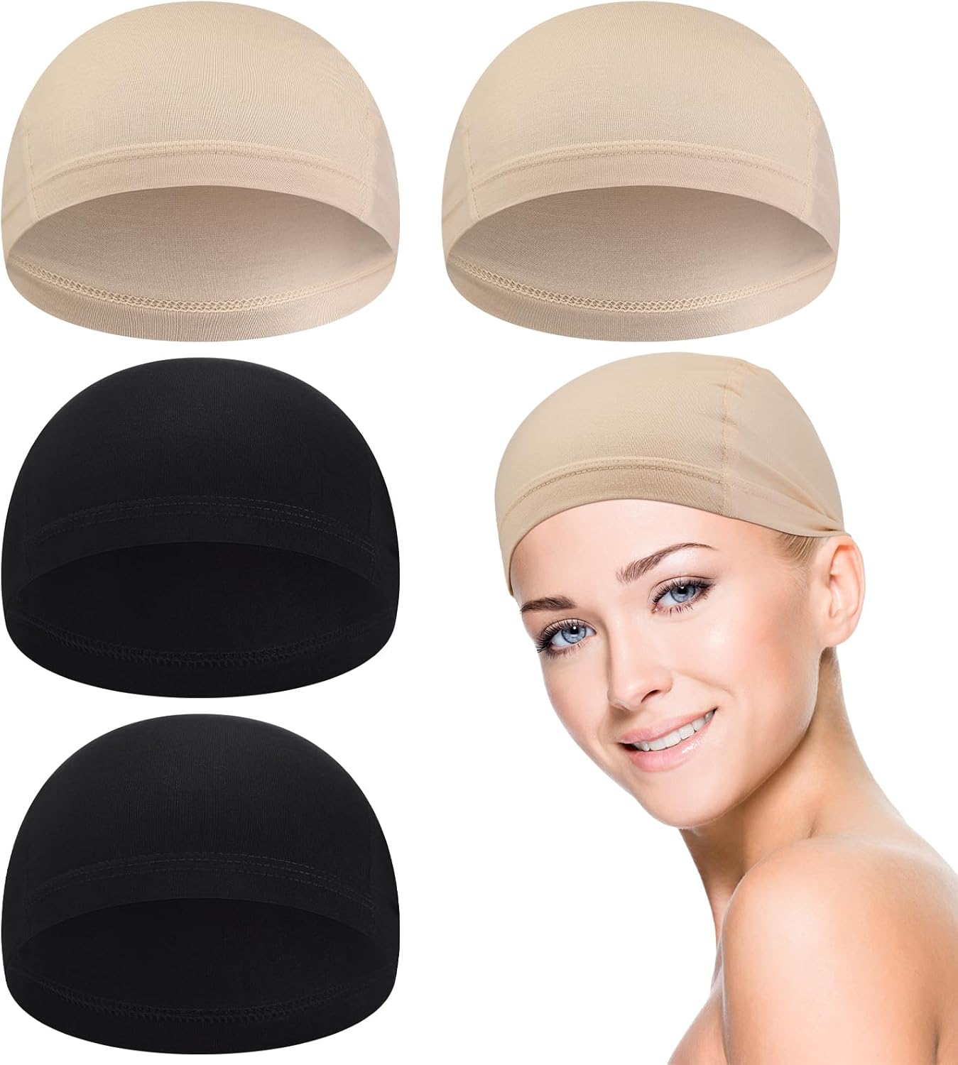 Janmercy 4 Pcs Bamboo Fiber Wig Cap Bamboo Wig Liner Cap for Women Hairloss Elastic Breathable Bald Cap under Wigs(Black, Beige,L)
