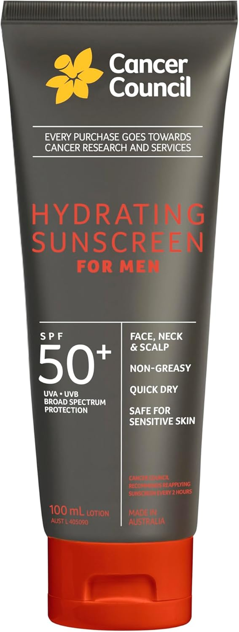 Cancer Council SP50+ Hydrating Sunscreen for Men 100Ml - Daily Sun Block with Broad Spectrum UVA/UVB, Sweat & Water Resistant, Non-Greasy
