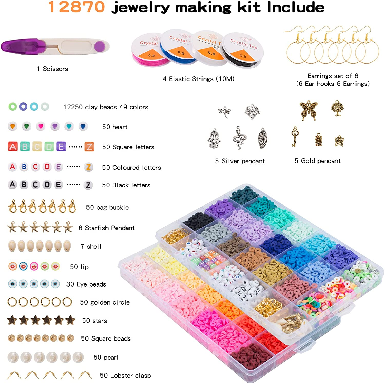Maxzola Inc. 12870 Pcs Clay Beads for Bracelet Necklace Jewelry Making Kit, Polymer Flat round Beads with Elastic Strings Pendant Charms Set image number 3
