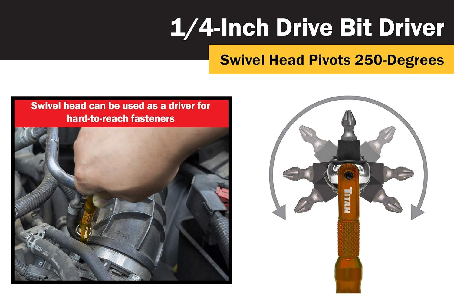Titan 11323 1/4-Inch Drive 90-Tooth Swivel Head Micro Bit Driver-Orange image number 1