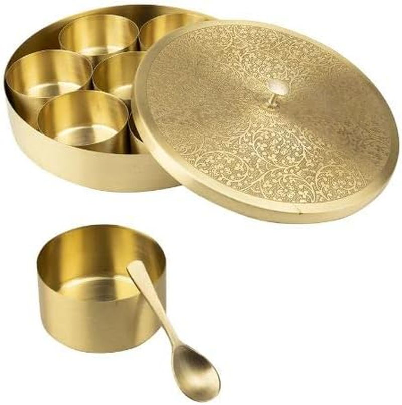 KAM HOME Brass Masala Box Set with Brass Spoon Container 90 Ml-Food Spice Storage Rack Indian Spice Boxes Storage Box Masala Dani Brass Masala Dabba -Kitchen Storage Spice Rack (8-INCH)