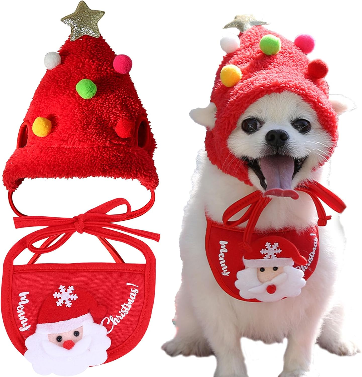 KASESSS Cat Christmas Hat, Christmas Tree Hat for Dogs & Cats, Adorable Cat Christmas Outfit Pom-Pom Hat with Scarf Bib Matching, Pet Xmas Costume, Pet Xmas Tree Costume for Puppy Kitten (Red) image number 2
