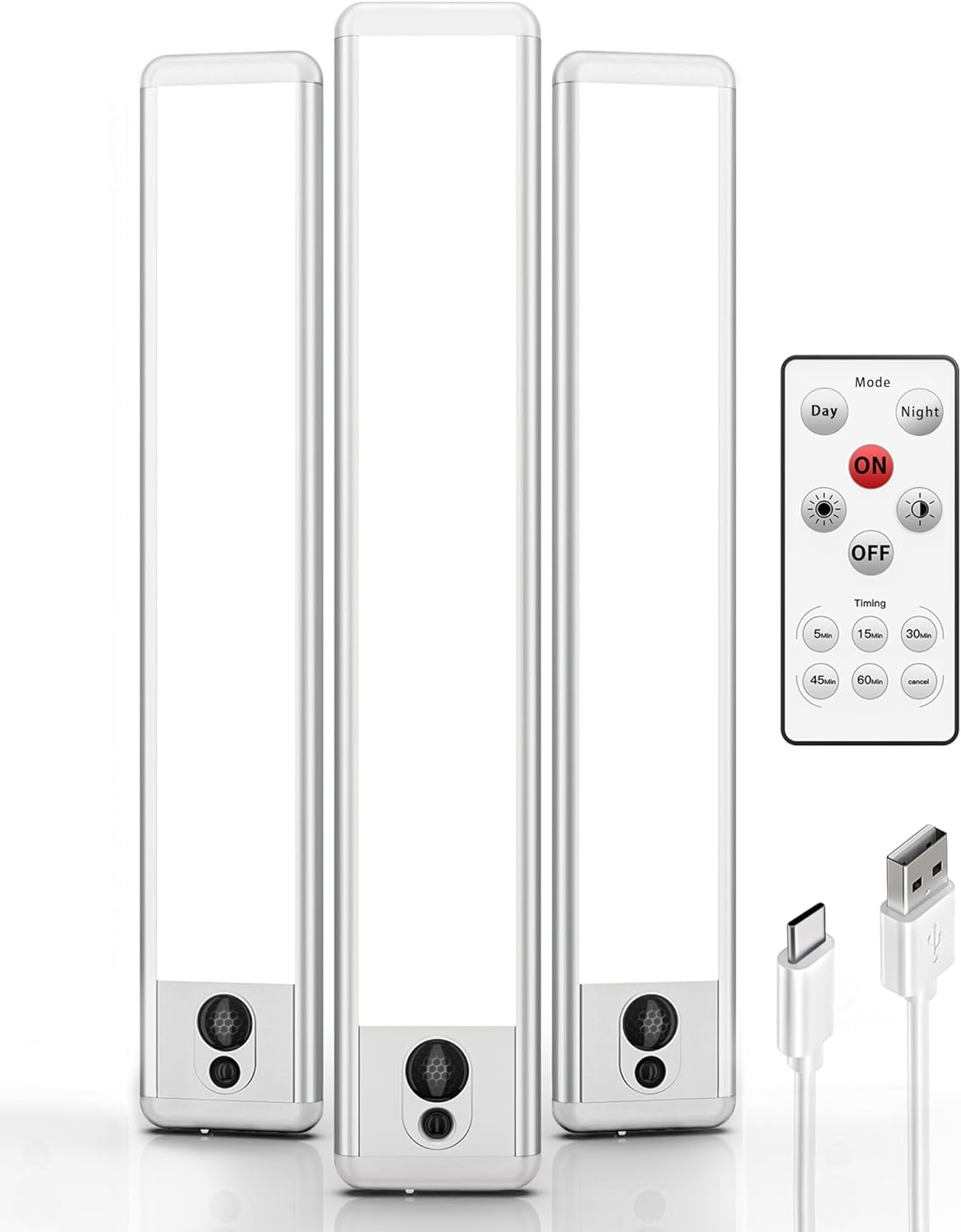 EZVALO under Cabinet Lights, LED Closet Lights Wireless USB Rechargeable, Motion Sensor Lighting Indoor 5700K Dimmable with Remote Control and Magnetic Install for Wardrobe/Stairs/Hallway (23CM) 3 Pcs