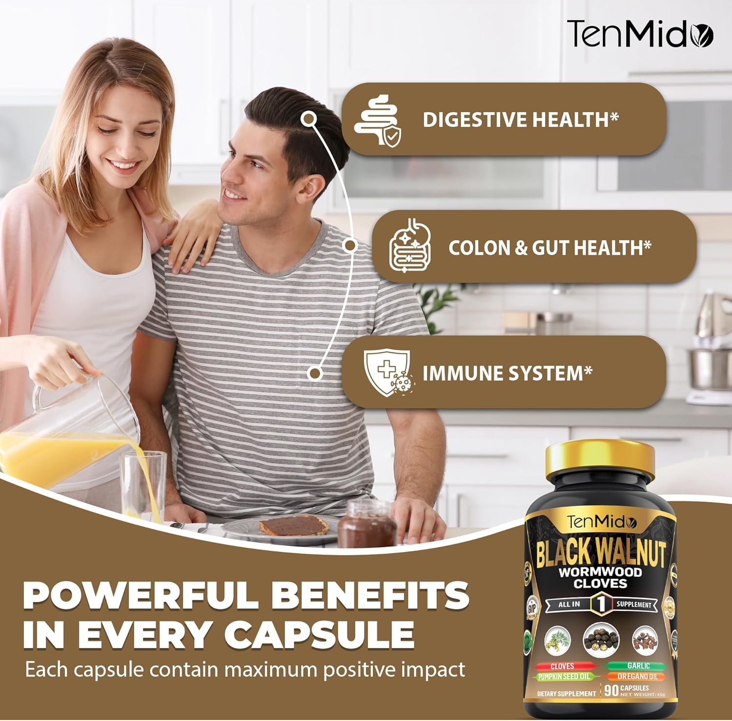 Black Walnut, Wormwood, Cloves Supplements - 6In1 Blend with Pumpkin Seed, Garlic, Oregano - Gut & Digestive Health Support - 90 Vegan & Non-Gmo Capsules image number 2