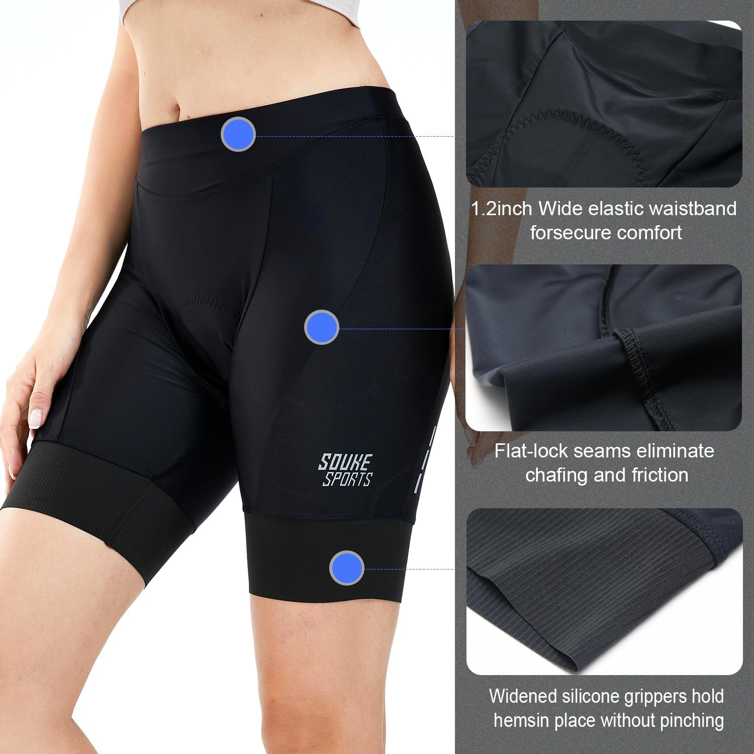 SOUKE Womens Cycling Shorts 4D Padded Biking Bicycle Bike Half Pants with Wide Waistband image number 5