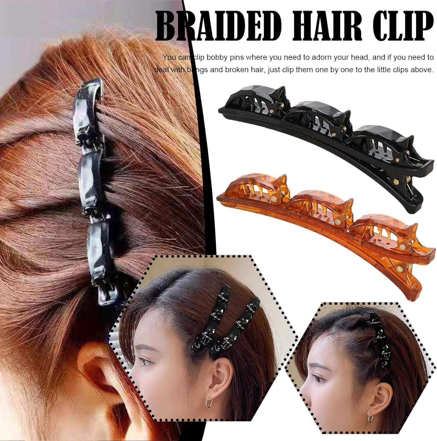 2 Pcs Braided Hair Clips for Women,Multi Clip Hair Barrette,Duckbill Clip Hair Barrettes Hair Sectioning Clips for Women Styling Sectioning Hair Accessories Clips and Barrettes Clips (Black+Brown) image number 6