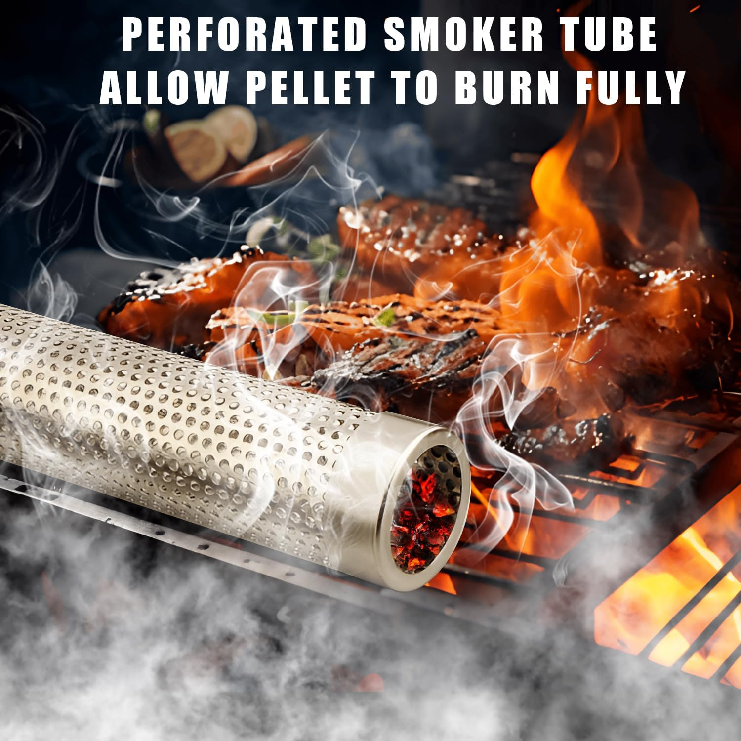 Premium Pellet Smoker Tube,Stainless Steel BBQ Wood Pellet Tube Smoker,5 Hours of Billowing Smoke - Hot or Cold Smoking,Smoker Tube with Brush and Hook for All Grill, Smoker (Silver) image number 1